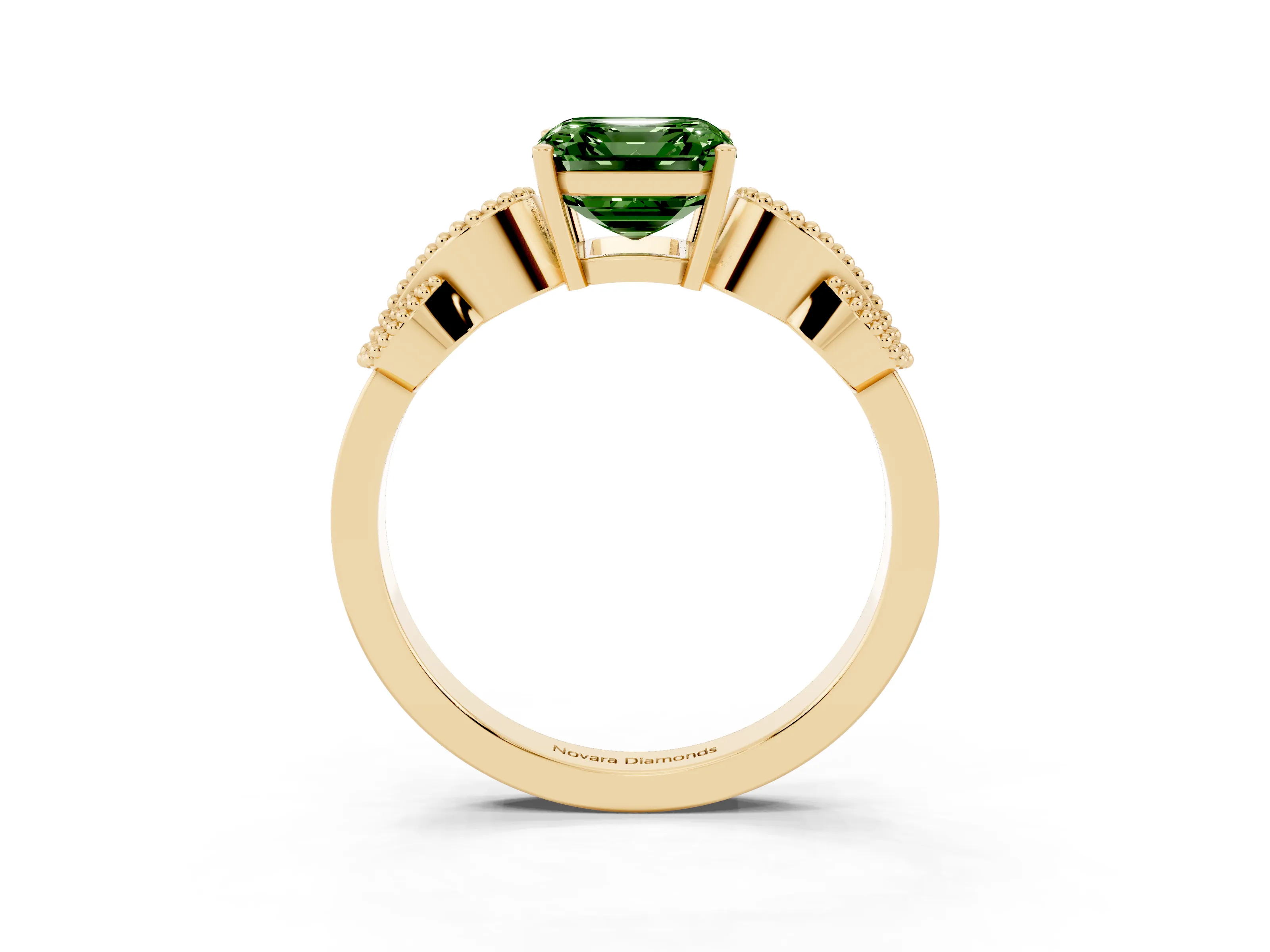 Fancy Green Asscher Cut Diamond Milgrain Leaf Band Solitaire Ring Set in Yellow gold with Accent Stones and Prong Setting