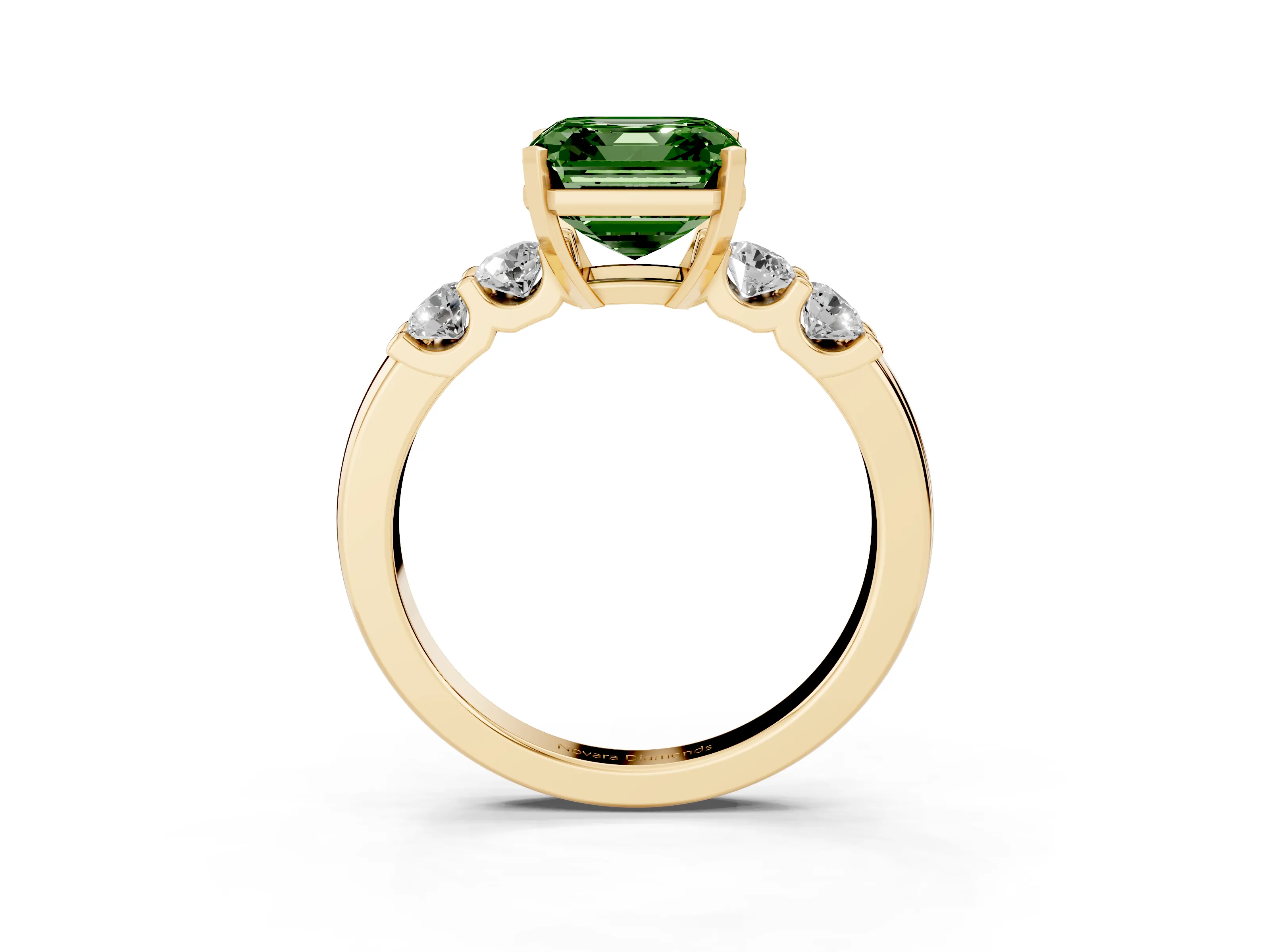 Fancy Green Asscher Cut Diamond Five-Stone Prong Set Engagement Ring Set in Yellow gold with Channel Band