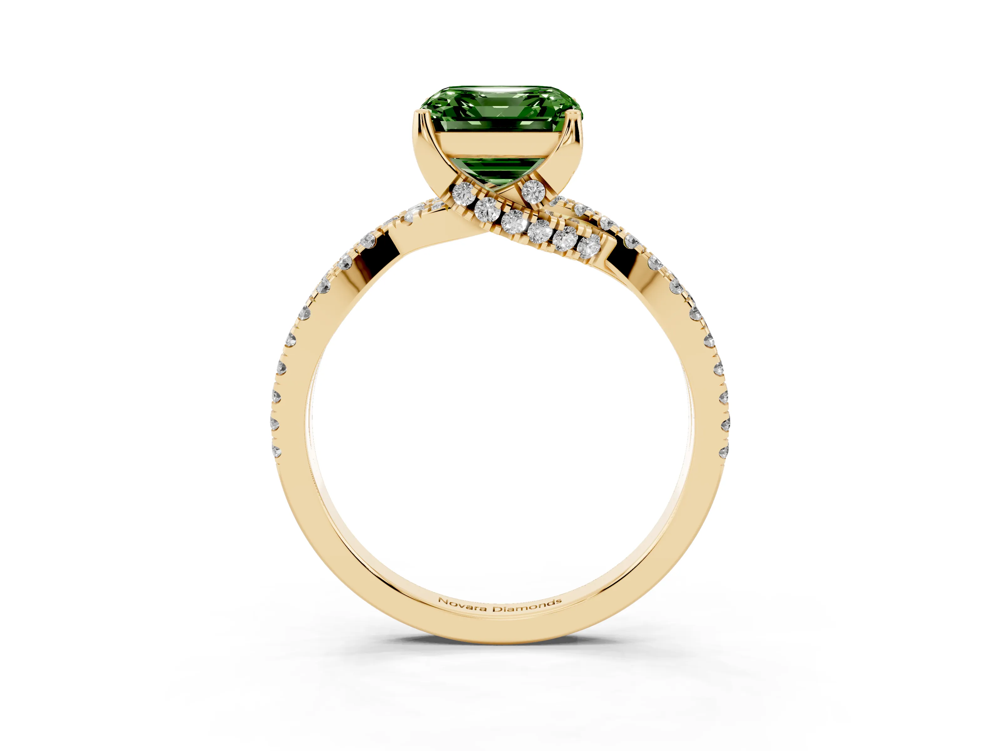 Fancy Green Asscher Cut Diamond Twist Pavé Solitaire Engagement Ring Set in Yellow gold with Prong Setting