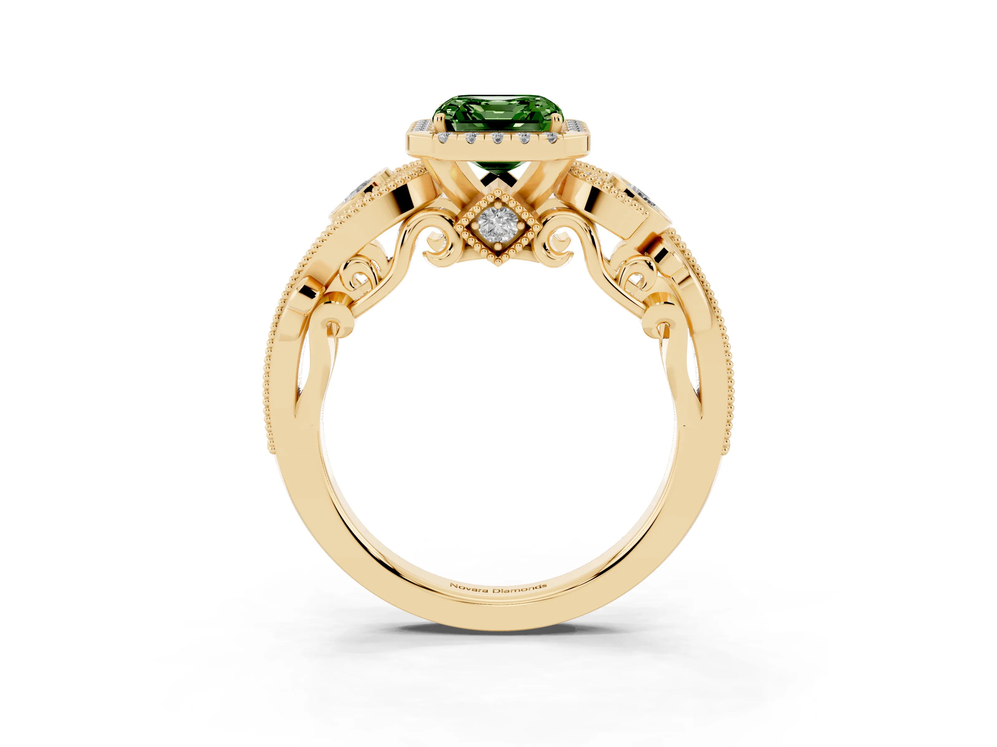 Fancy Green Asscher Cut Diamond Halo Ring Set in Yellow gold with Milgrain Pavé Band and Prong Setting