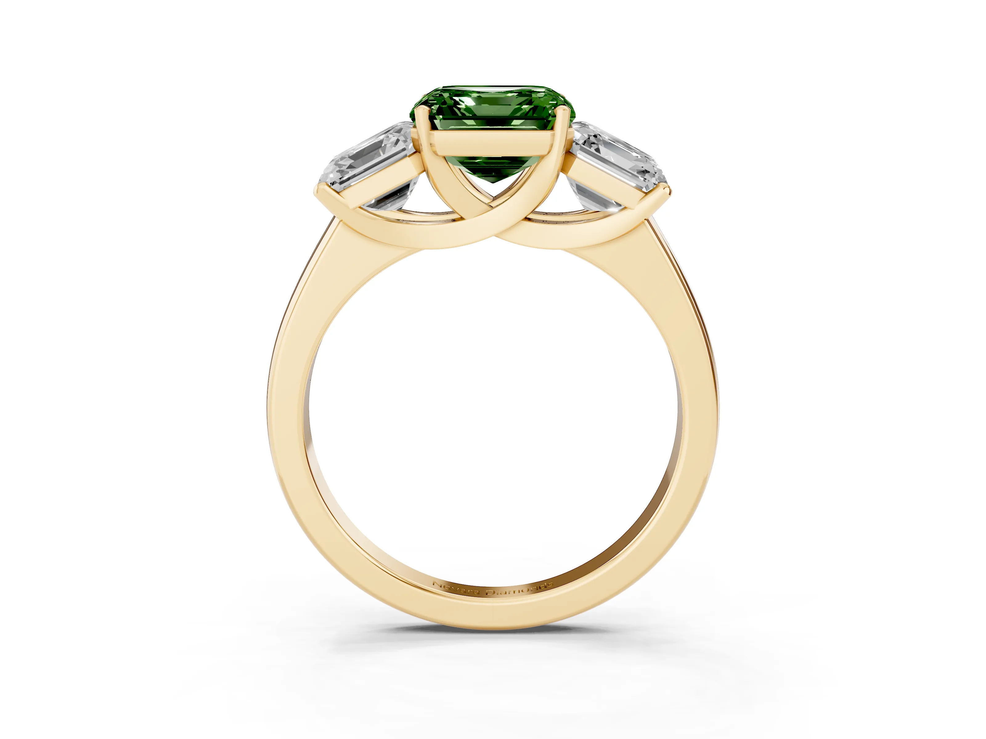 Fancy Green Asscher Cut Diamond Three-Stone Ring Set in Yellow gold with Classic Prong Setting and Plain Band