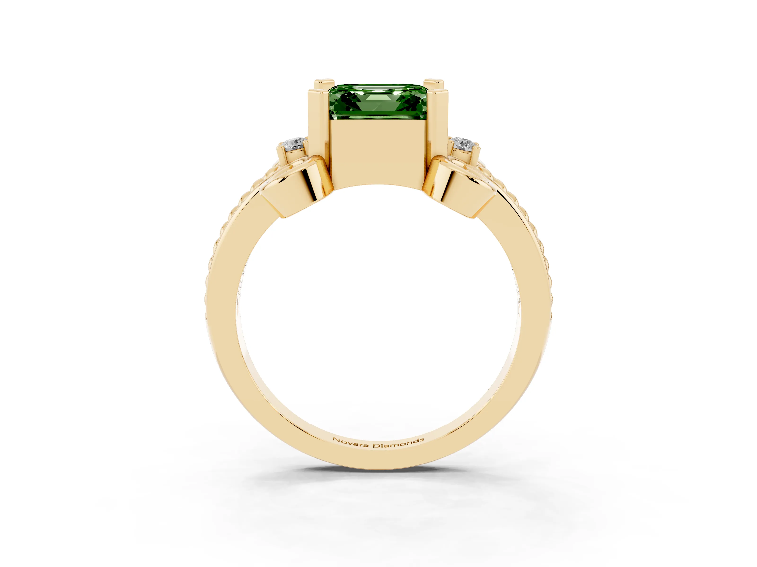 Fancy Green Asscher Cut Diamond Twisted Band Solitaire Ring Set in Yellow gold with Scroll Prongs