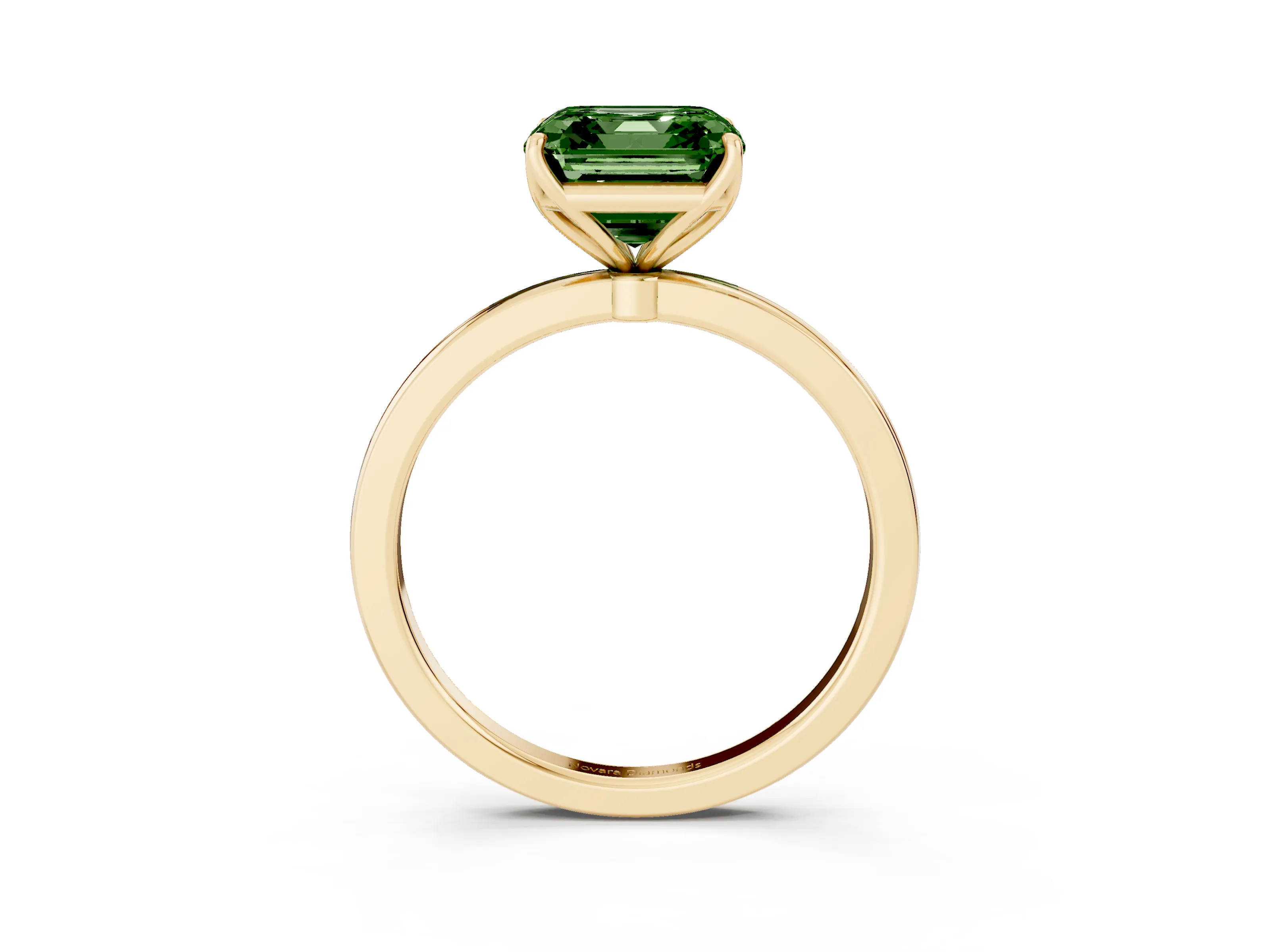 Fancy Green Asscher Cut Diamond Solitaire Ring Set in Yellow gold with Prong Setting and Thin Polished Band