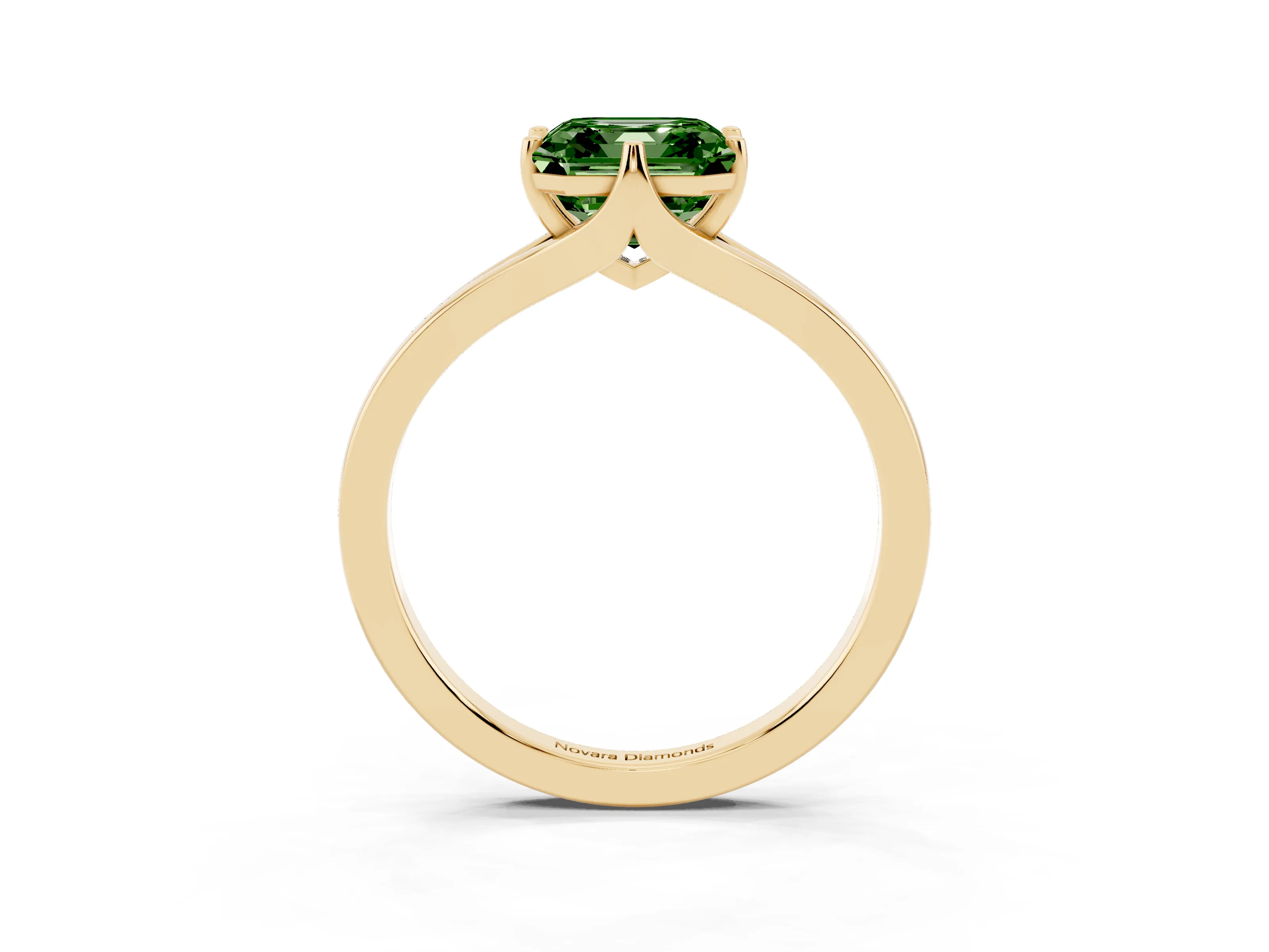 Fancy Green Asscher Cut Diamond Solitaire Ring Set in Yellow gold with Polished Tapered Band and Prong Setting