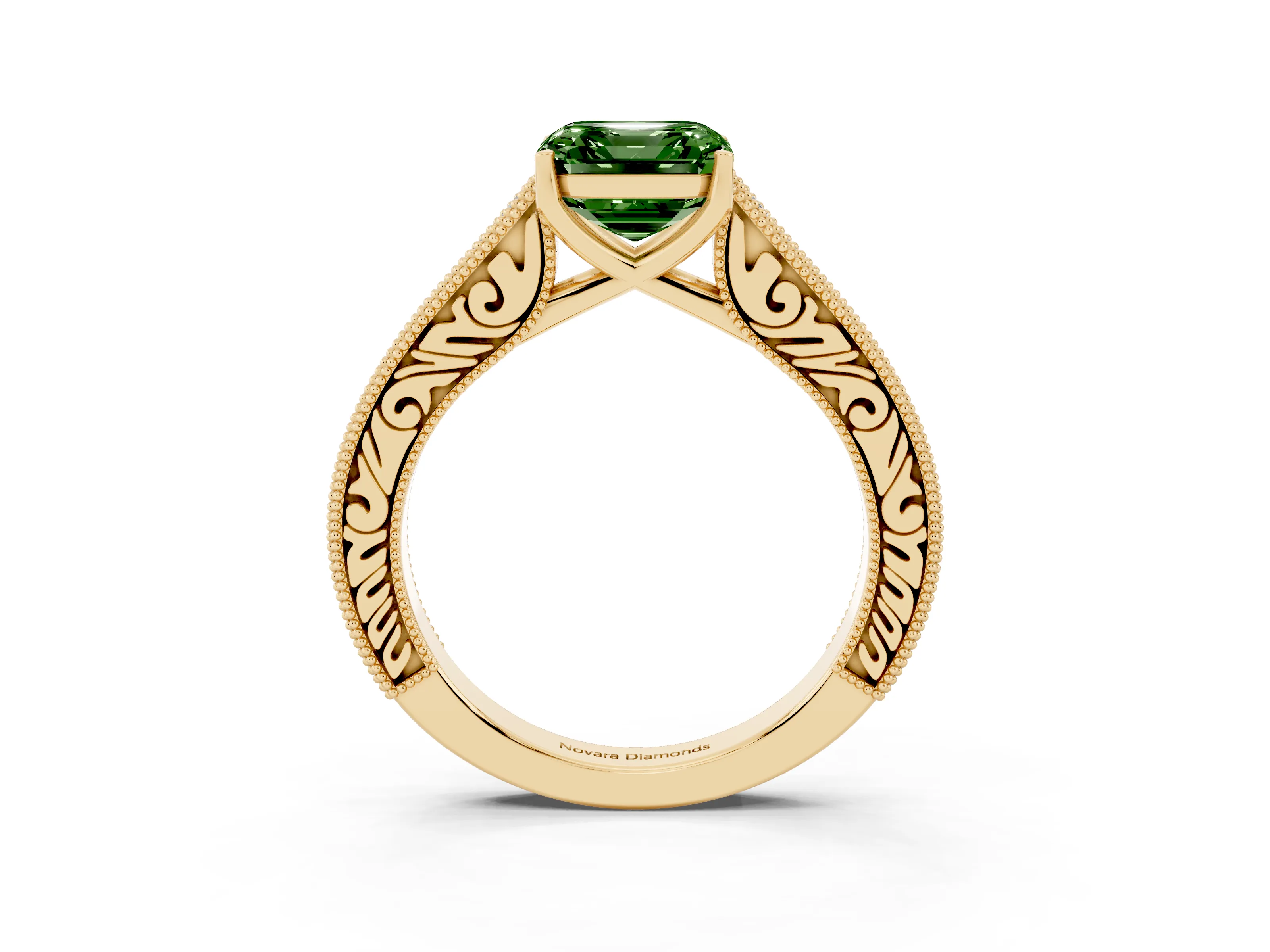 Fancy Green Asscher Cut Diamond Milgrain Pavé Band Solitaire Ring Set in Yellow gold with Prong Setting