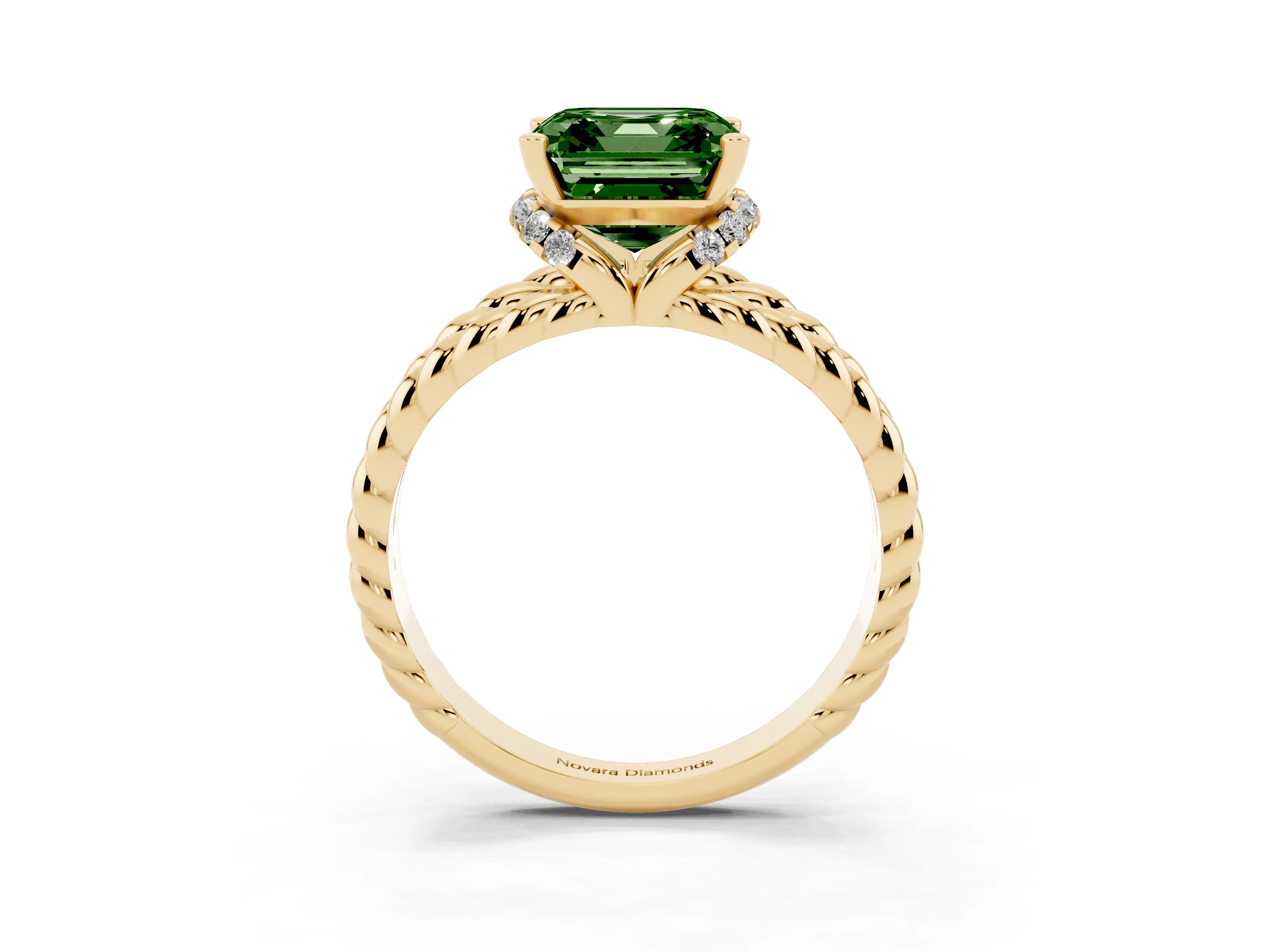 Fancy Green Asscher Cut Diamond Halo Ring Set in Yellow gold with Twisted Band and Prong Setting