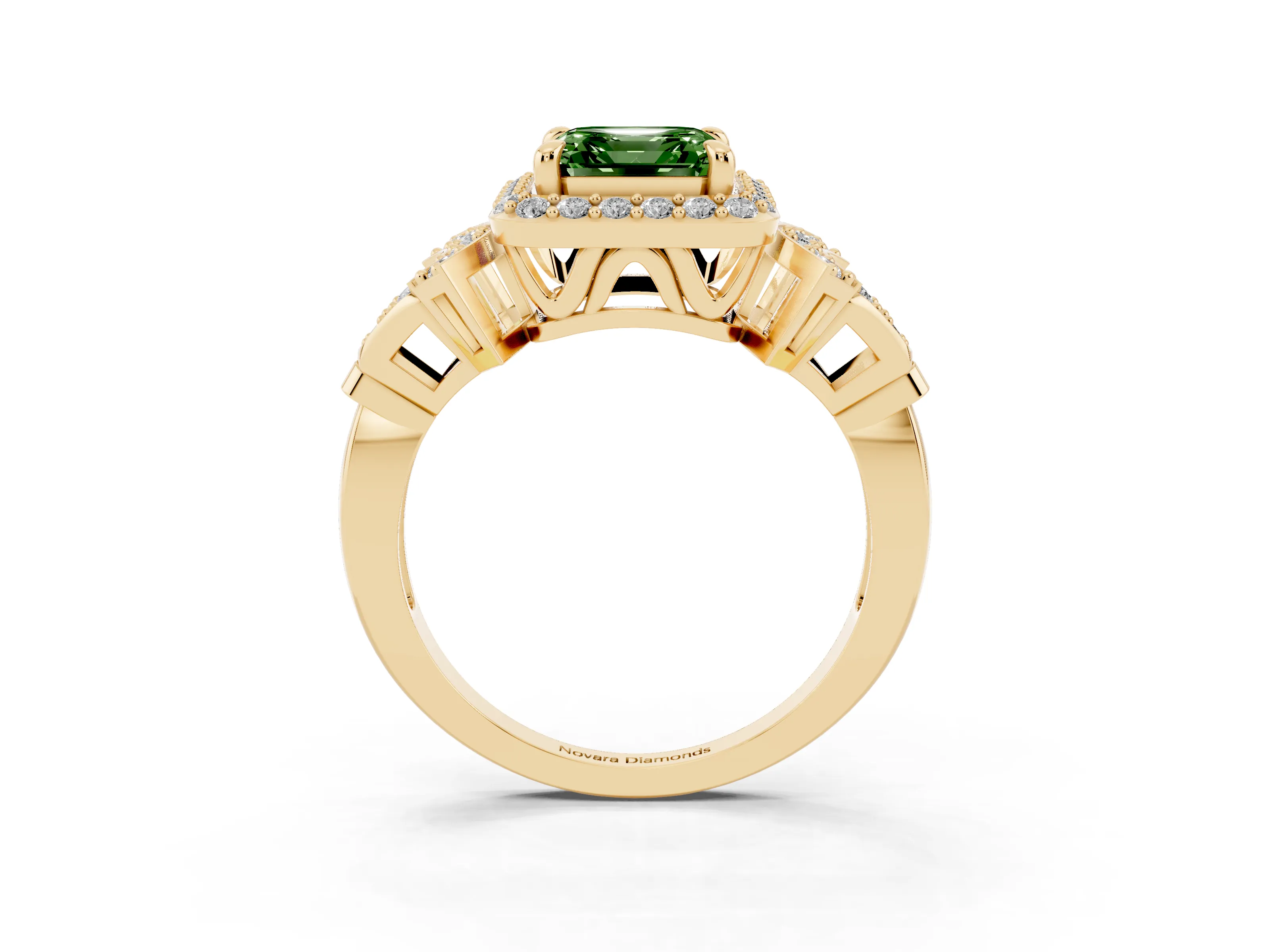 Fancy Green Asscher Cut Diamond Halo Engagement Ring Set in Yellow gold with Accent Stone Split Shank