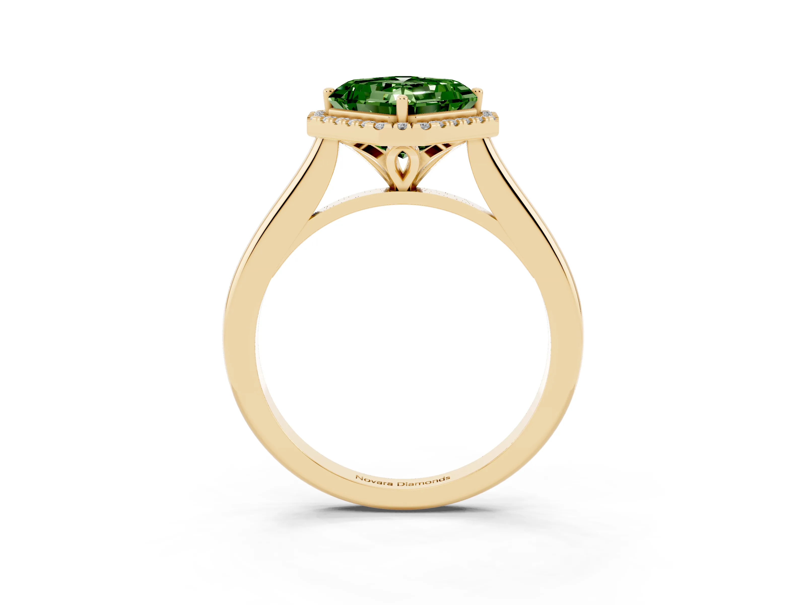 Fancy Green Asscher Cut Diamond Halo Engagement Ring Set in Yellow gold with Pavé Band and Rising Shoulders
