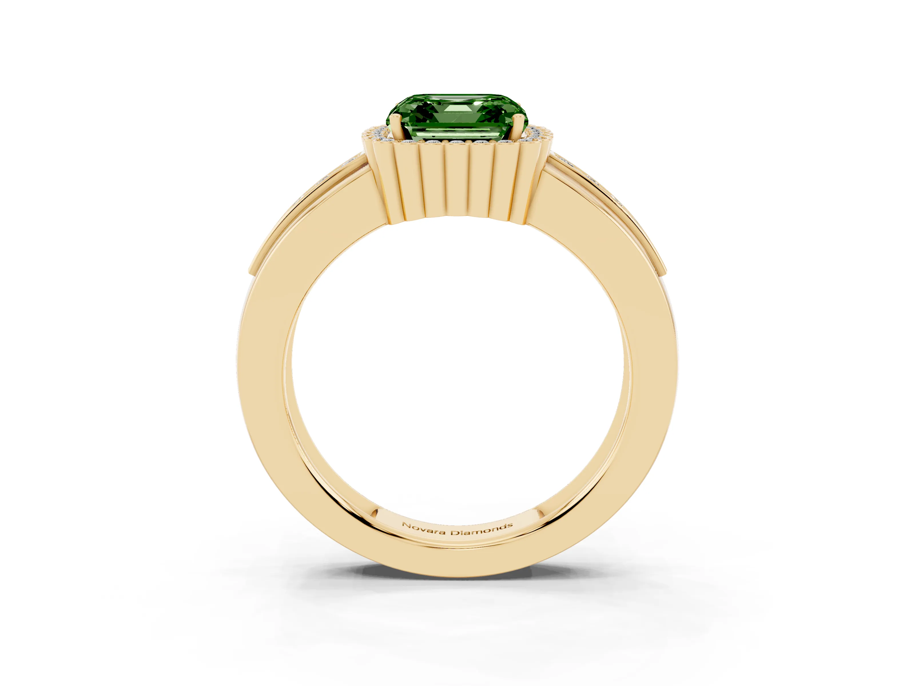 Fancy Green Asscher Cut Diamond Halo Prong Ring Set in Yellow gold with Pavé Band