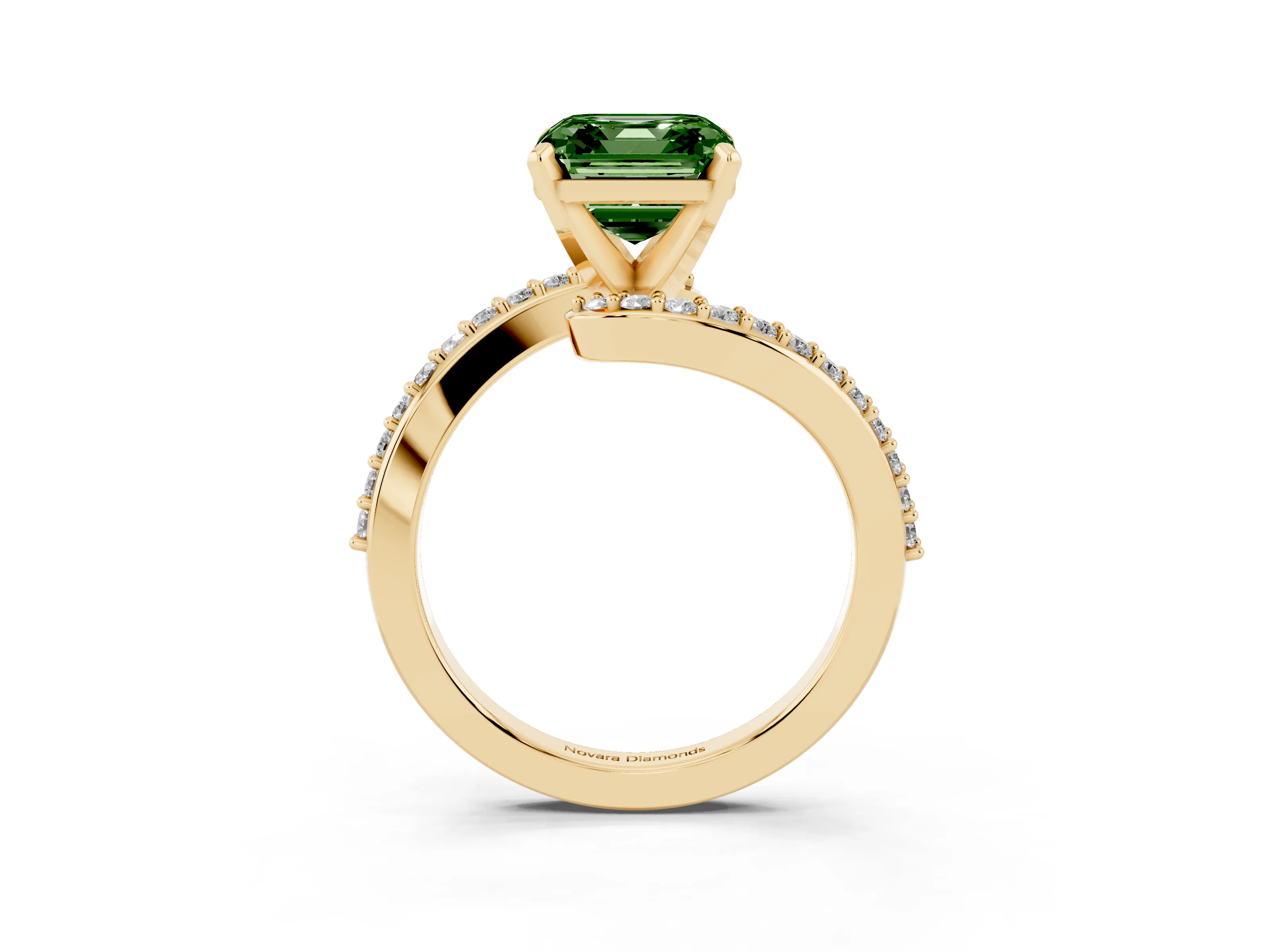 Fancy Green Asscher Cut Diamond Solitaire Ring Set in Yellow gold with Pavé Twist Band and Prong Setting