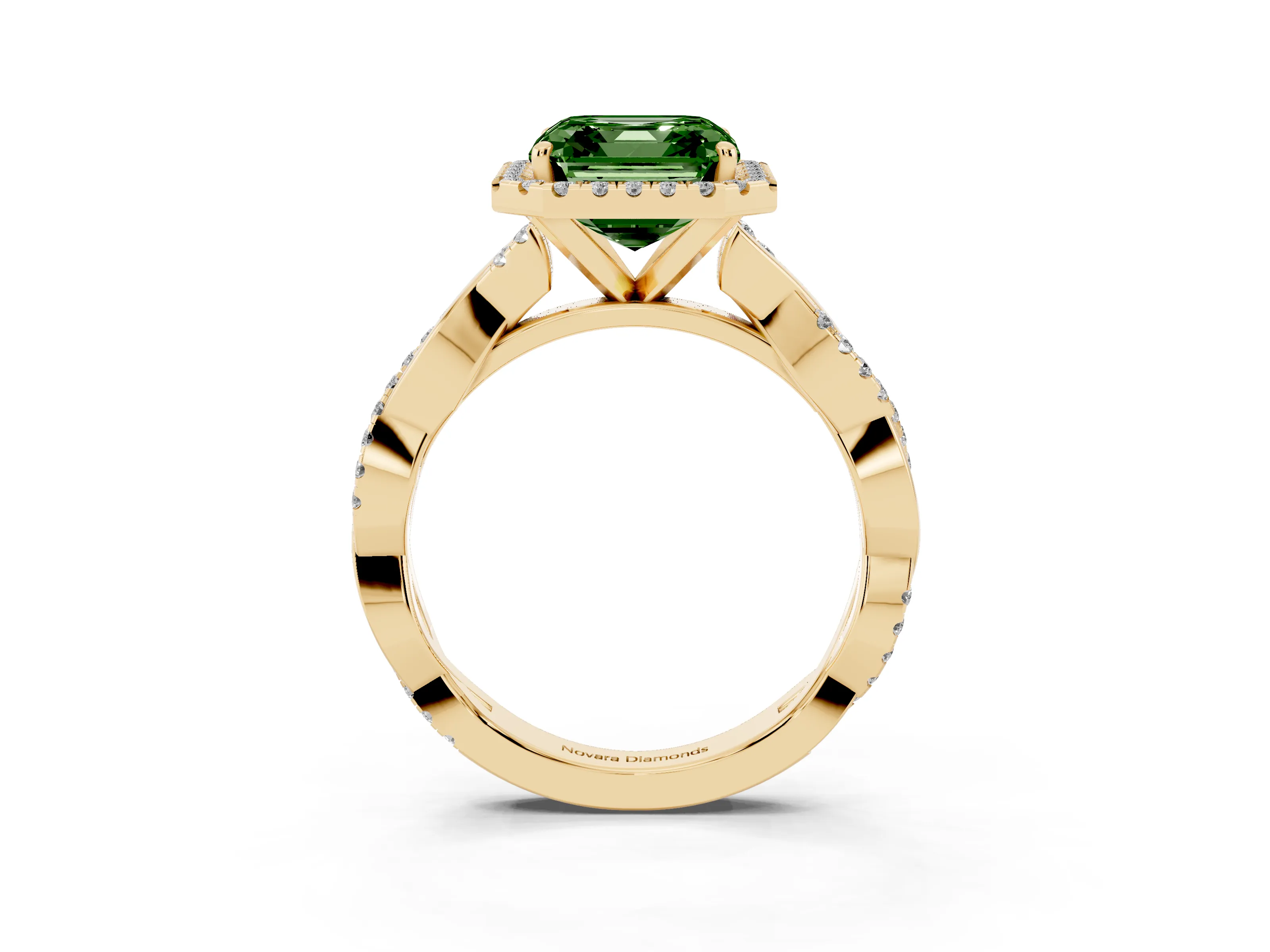 Fancy Green Asscher Cut Diamond Halo Twisted Band Ring Set in Yellow gold with Prong Setting