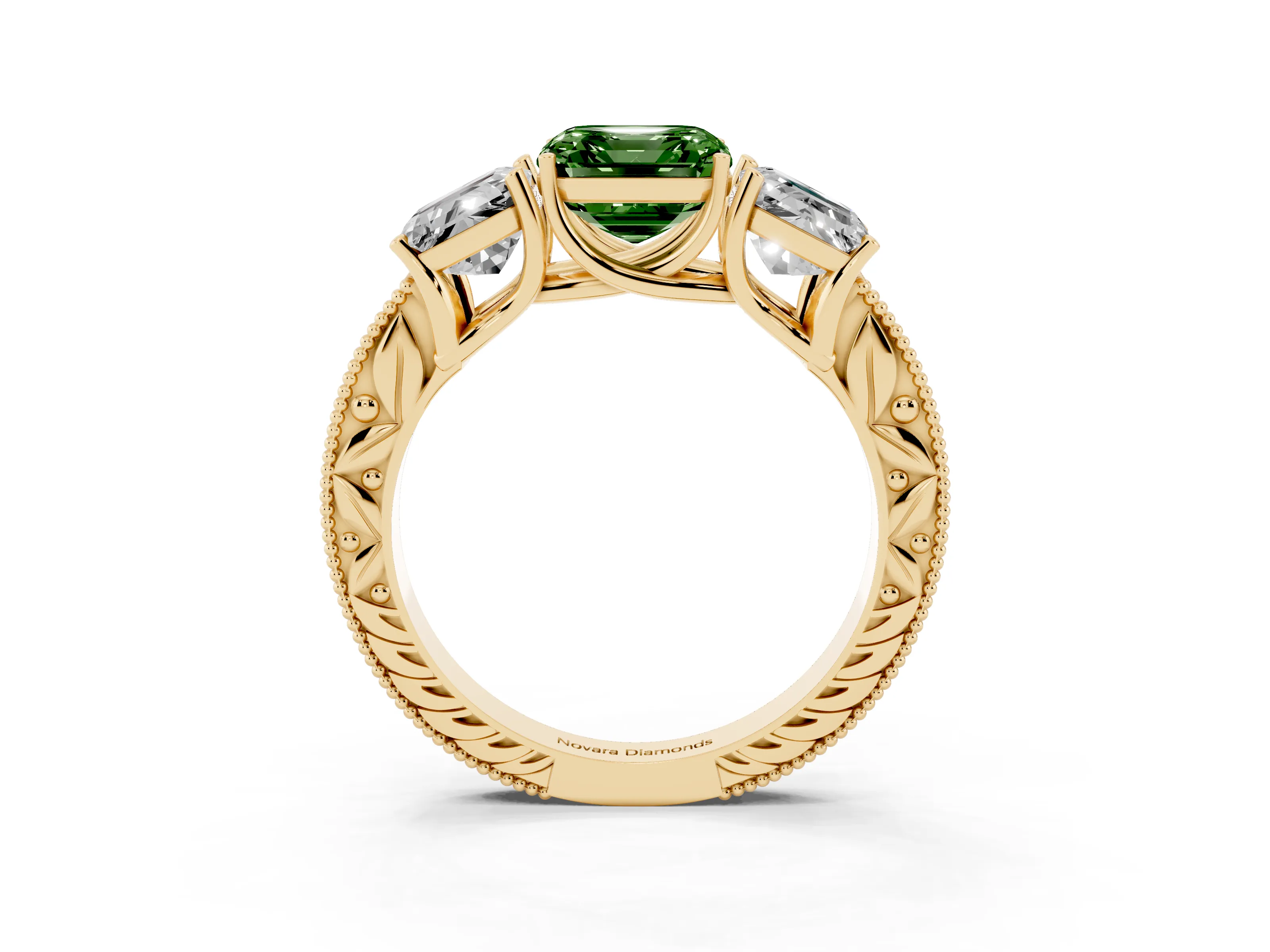 Fancy Green Asscher Cut Diamond Three-Stone Engagement Ring Set in Yellow gold with Milgrain Pavé Band