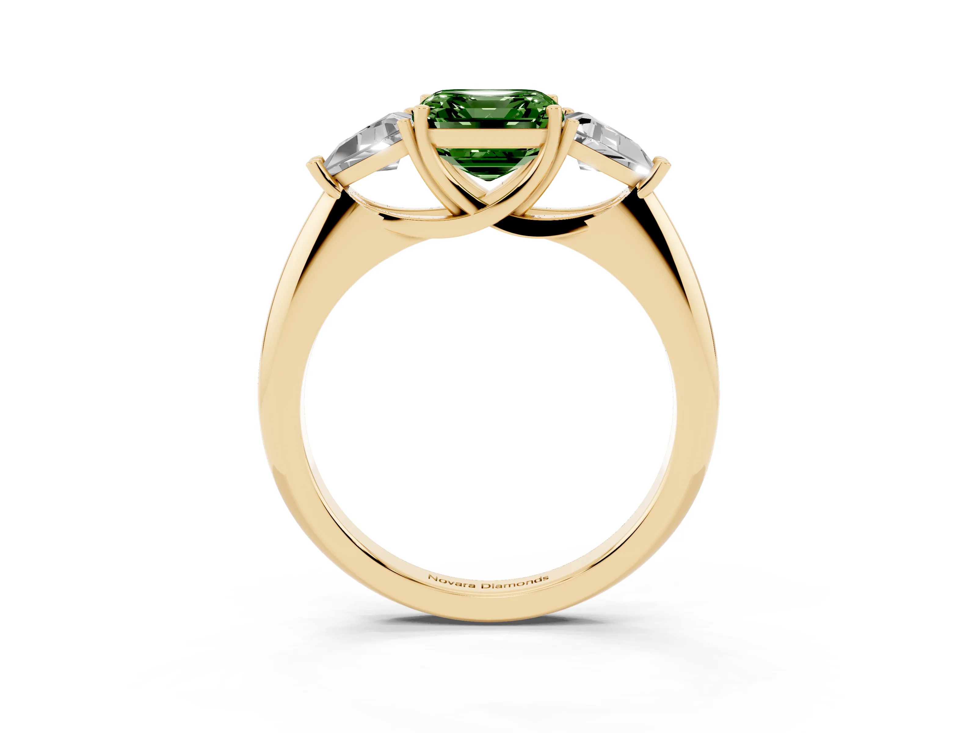 Fancy Green Asscher Cut Diamond Three-Stone Engagement Ring Set in Yellow gold with Trillion Side Stones