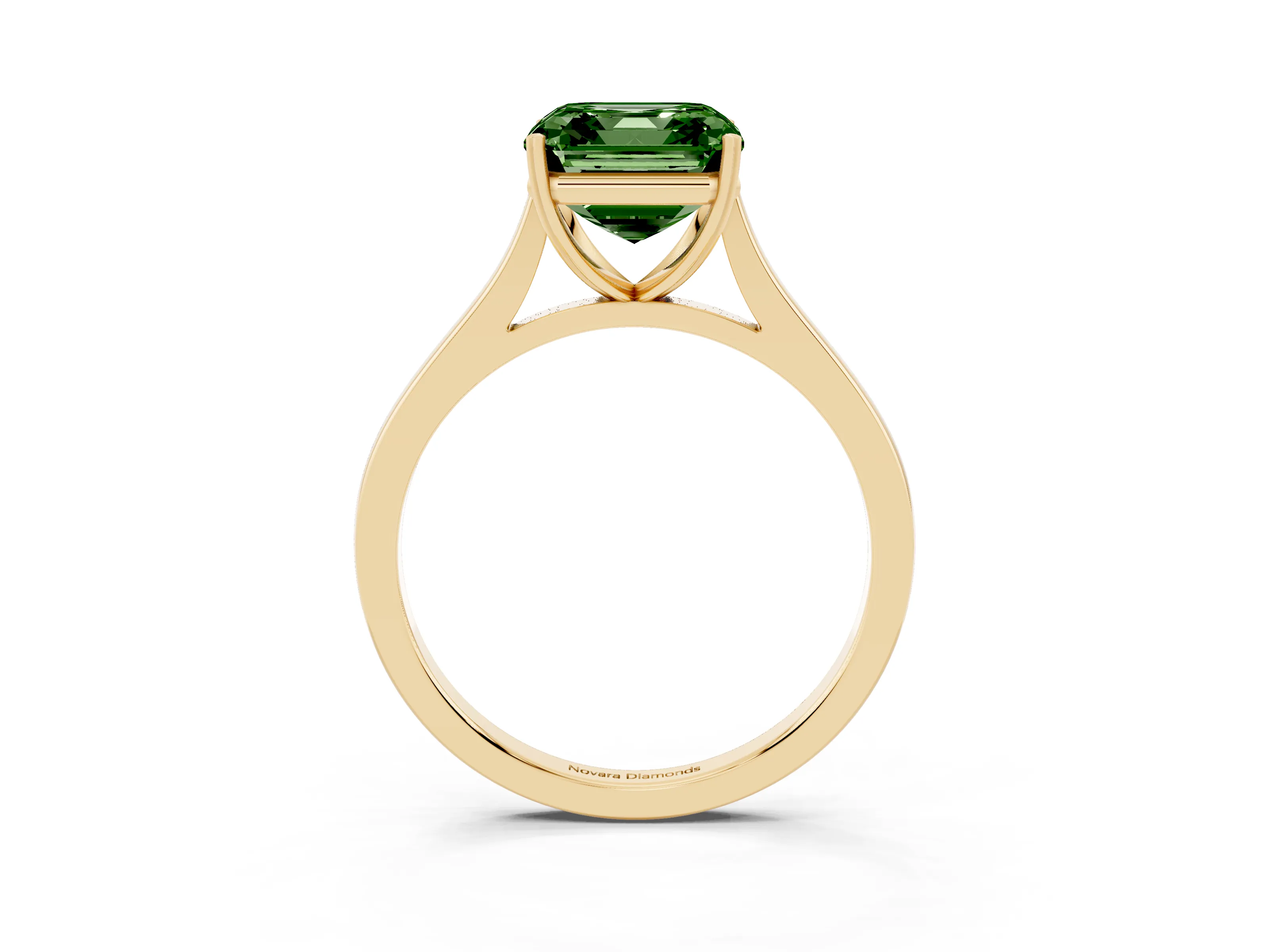 Fancy Green Asscher Cut Diamond Solitaire Heart Prong Engagement Ring Set in Yellow gold with Tapered Band