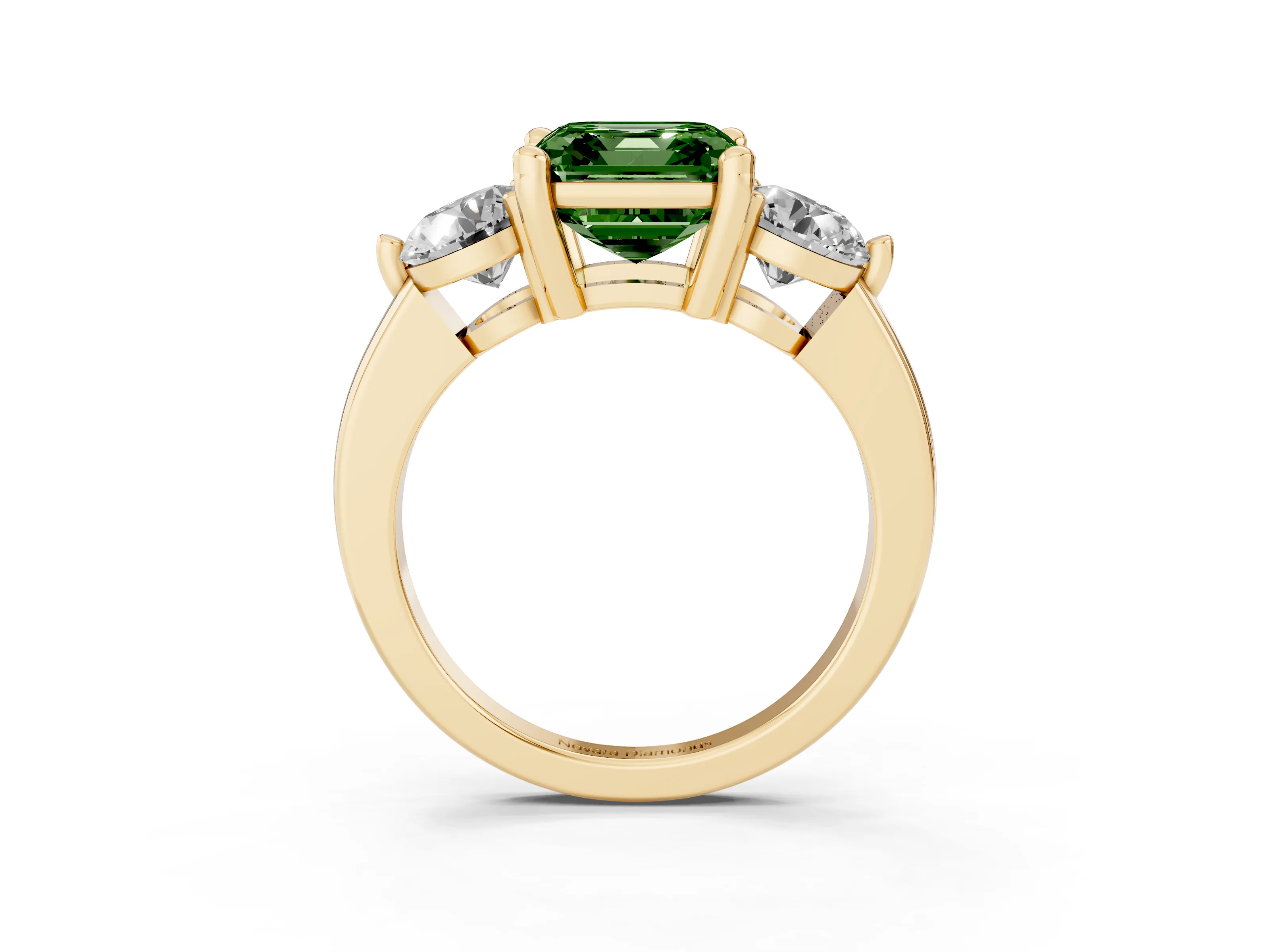 Fancy Green Asscher Cut Diamond Three-Stone Ring Set in Yellow gold with Prong Setting and Classic Band