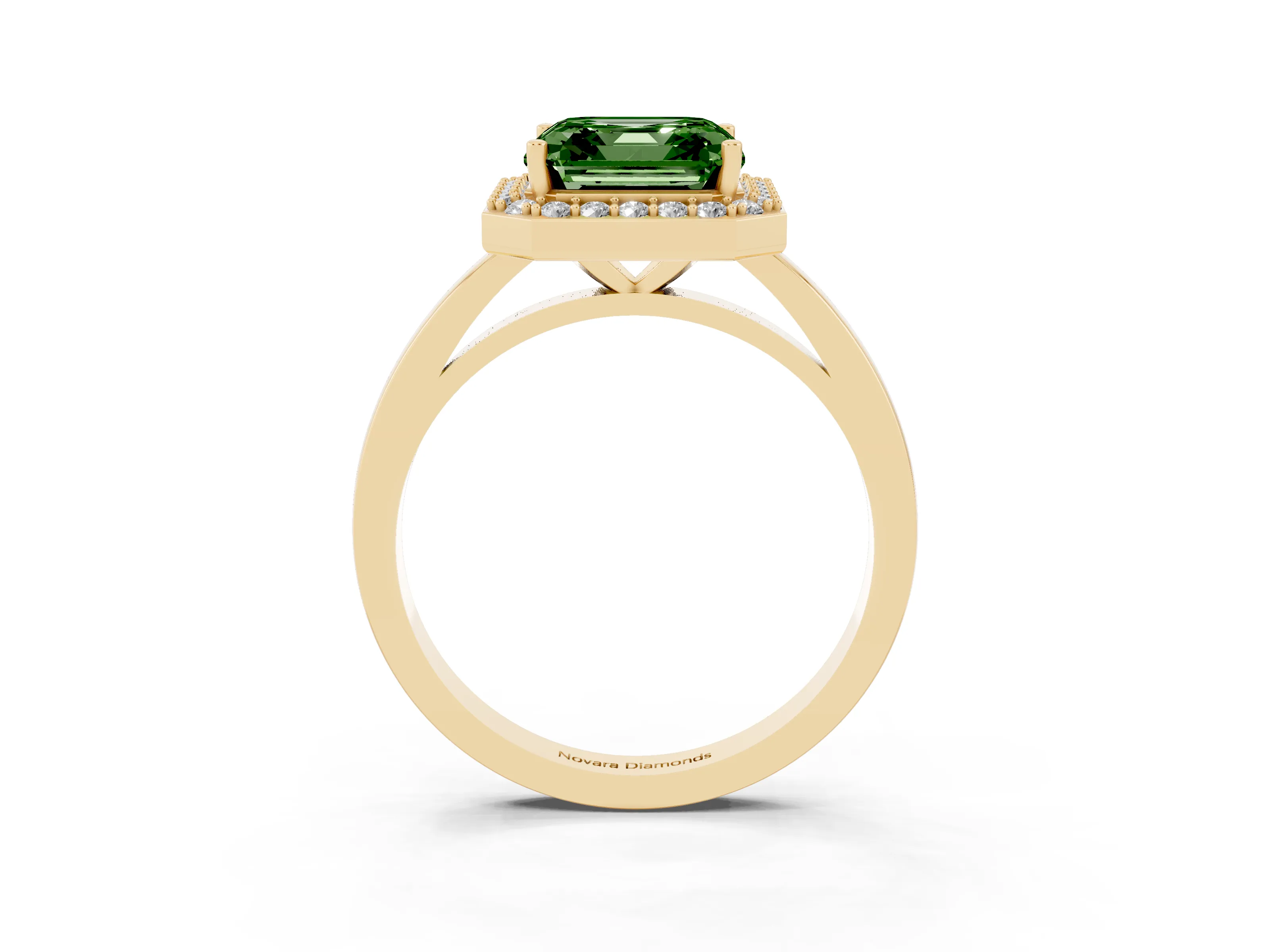 Fancy Green Asscher Cut Diamond Halo Ring Set in Yellow gold with Solitaire Band and Prong Setting