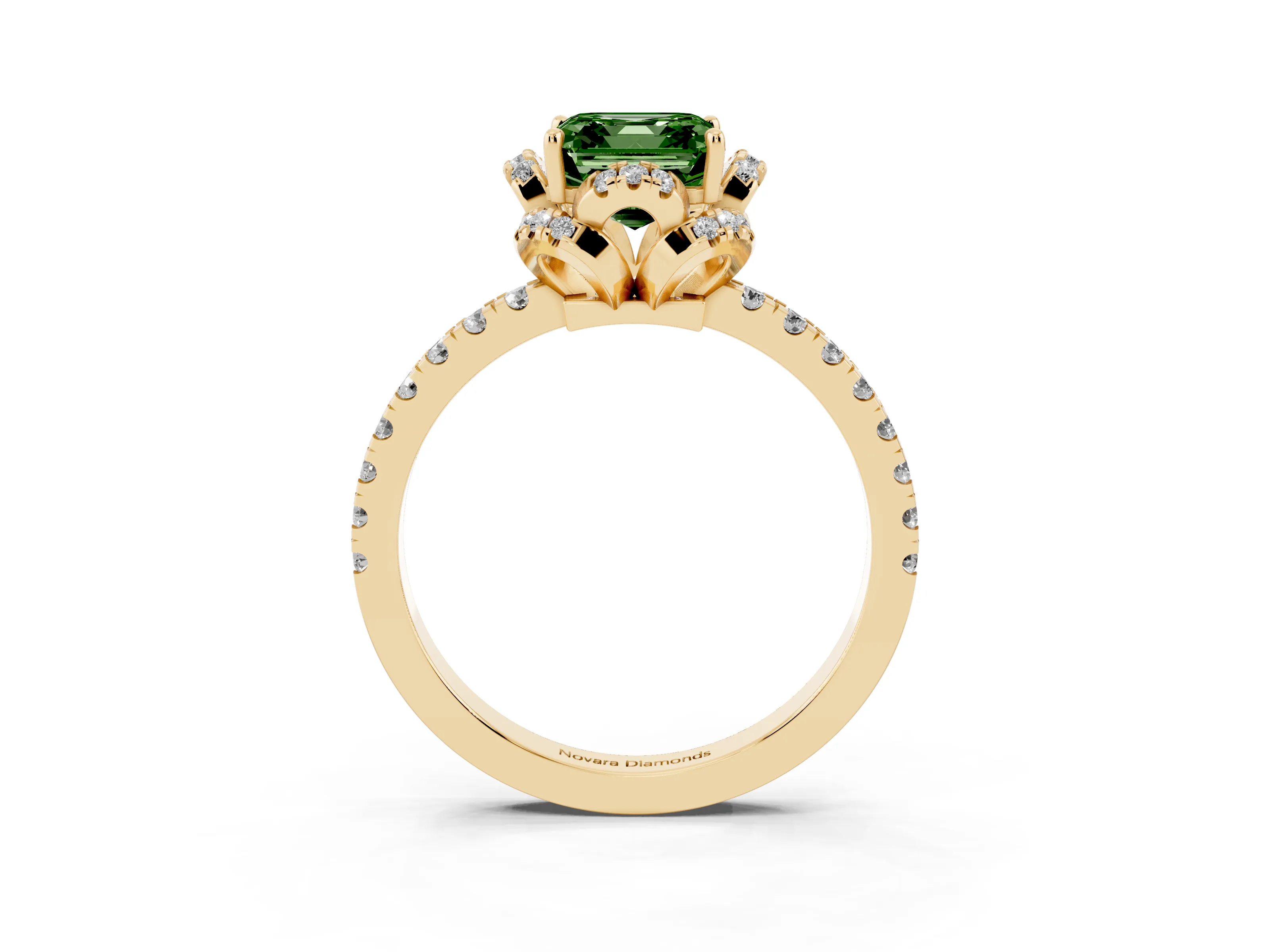 Fancy Green Asscher Cut Diamond Halo Pavé Band Ring Set in Yellow gold with Prong-Held Center
