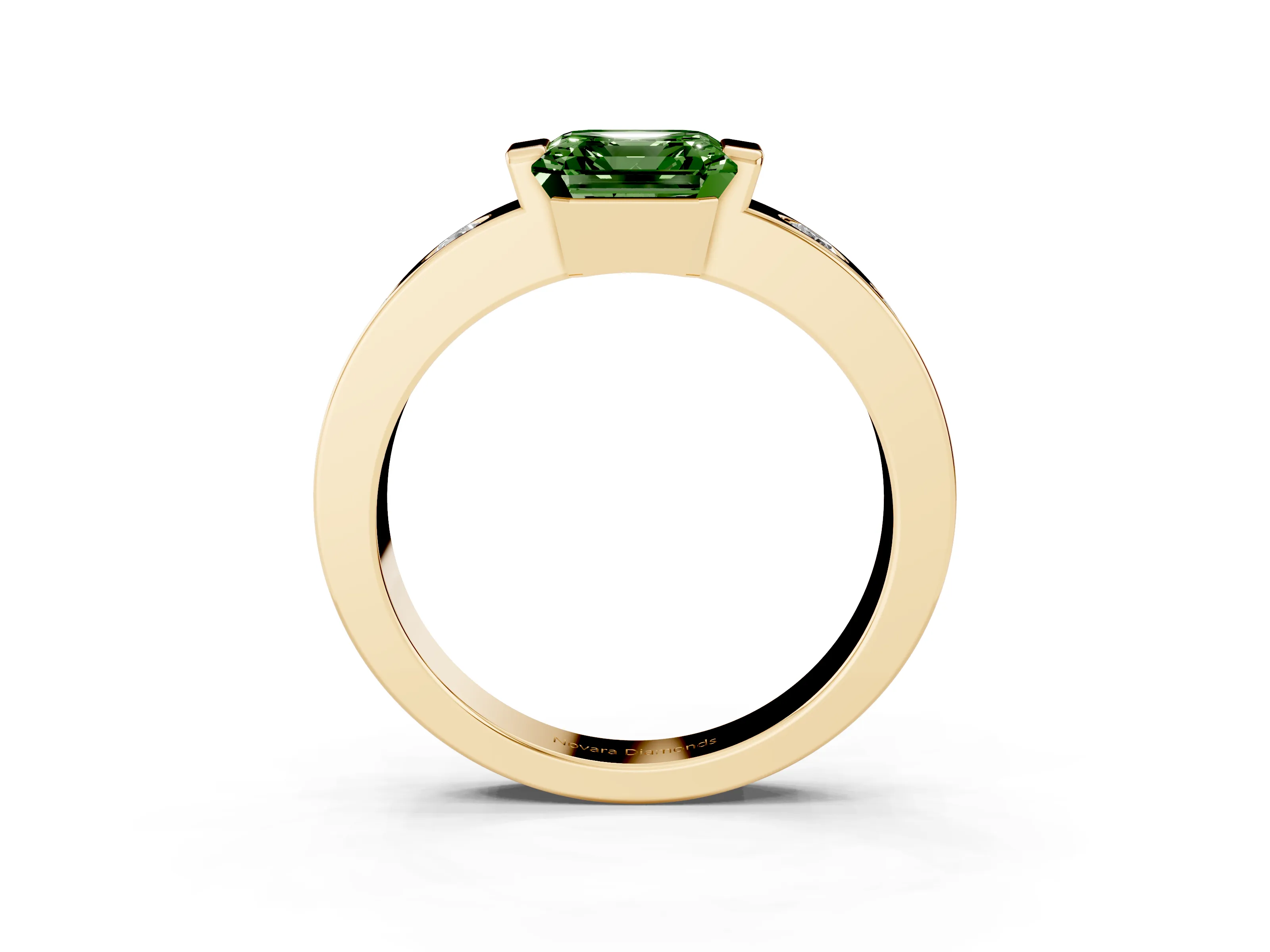 Fancy Green Asscher Cut Diamond Channel-Set Band Ring Set in Yellow gold with Bezel Prong Setting