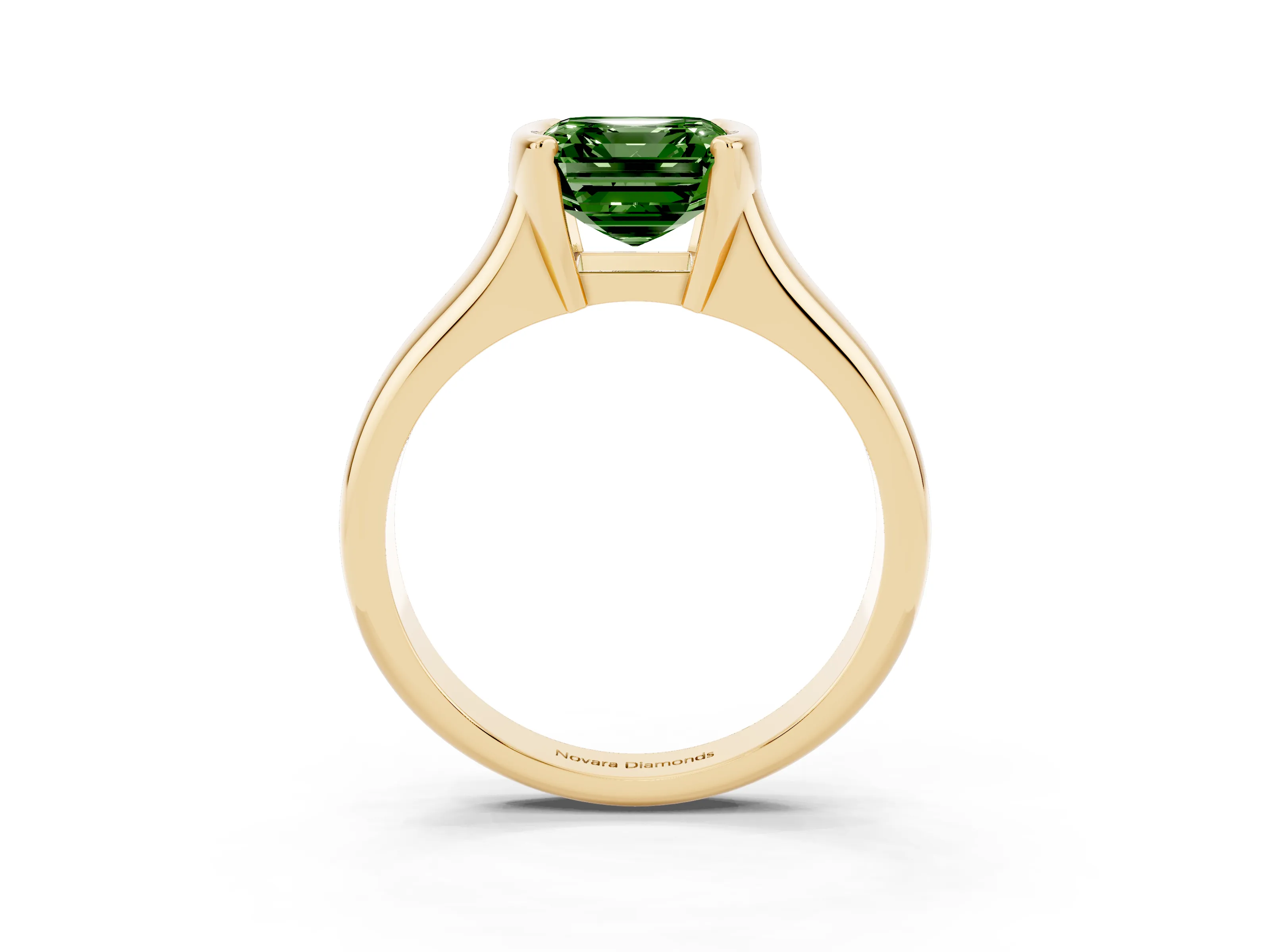 Fancy Green Asscher Cut Diamond Solitaire Tension Set Ring Set in Yellow gold with Split Shank Band
