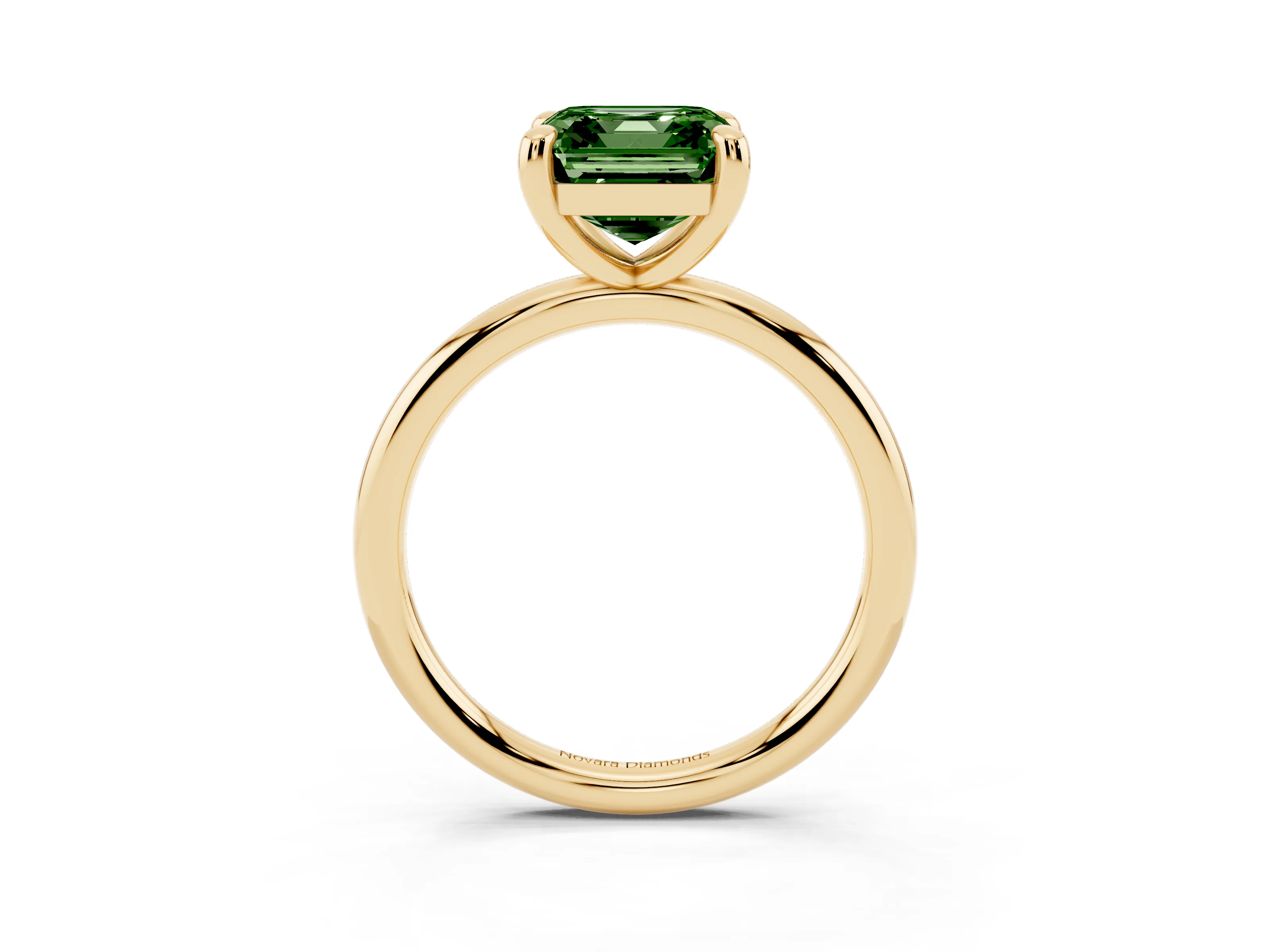 Fancy Green Asscher Cut Diamond Solitaire Ring Set in Yellow gold with Prong Setting on a Polished Plain Band