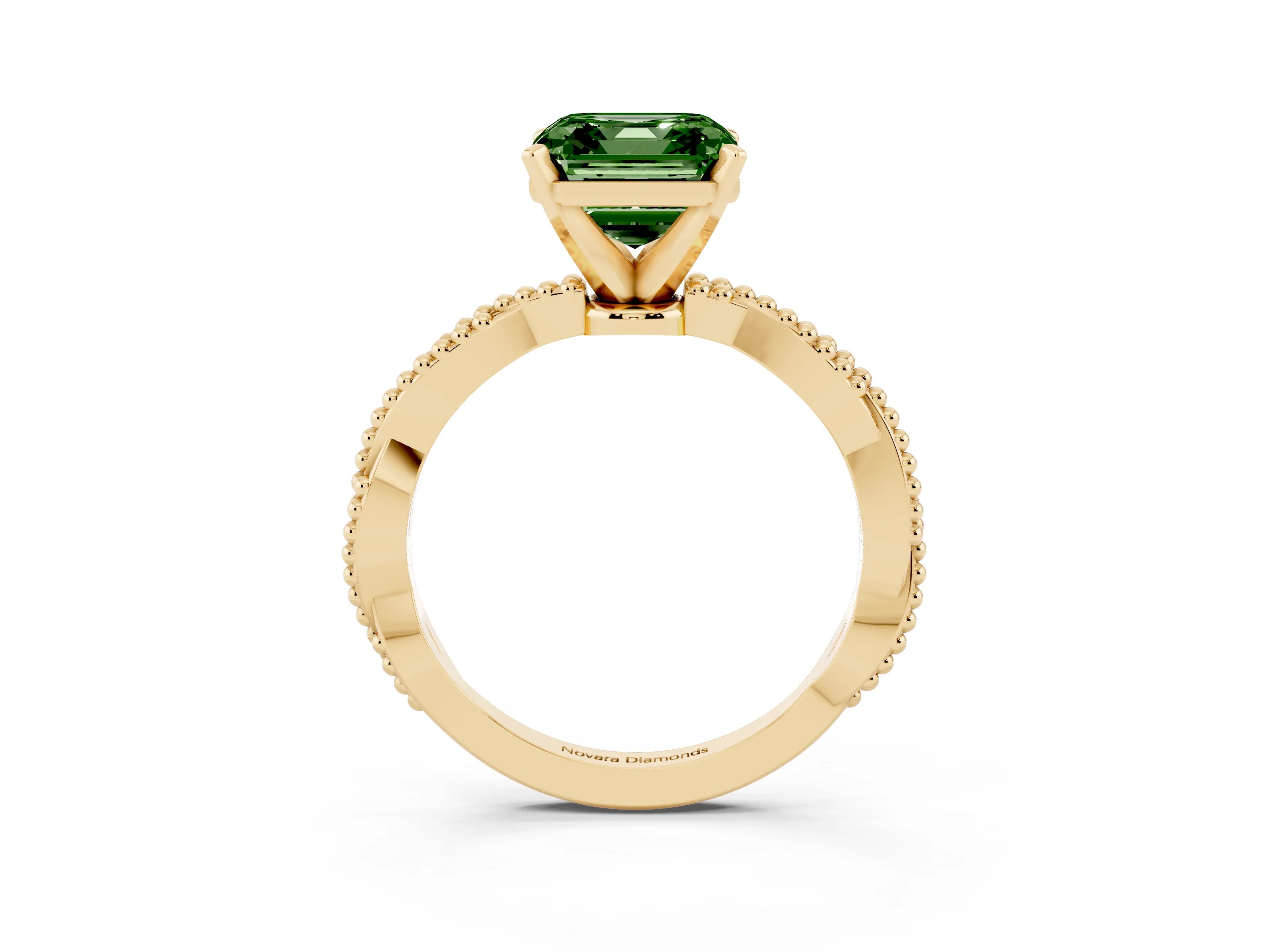 Fancy Green Asscher Cut Diamond Solitaire Ring Set in Yellow gold with Twisted Band and Bead Prong Setting