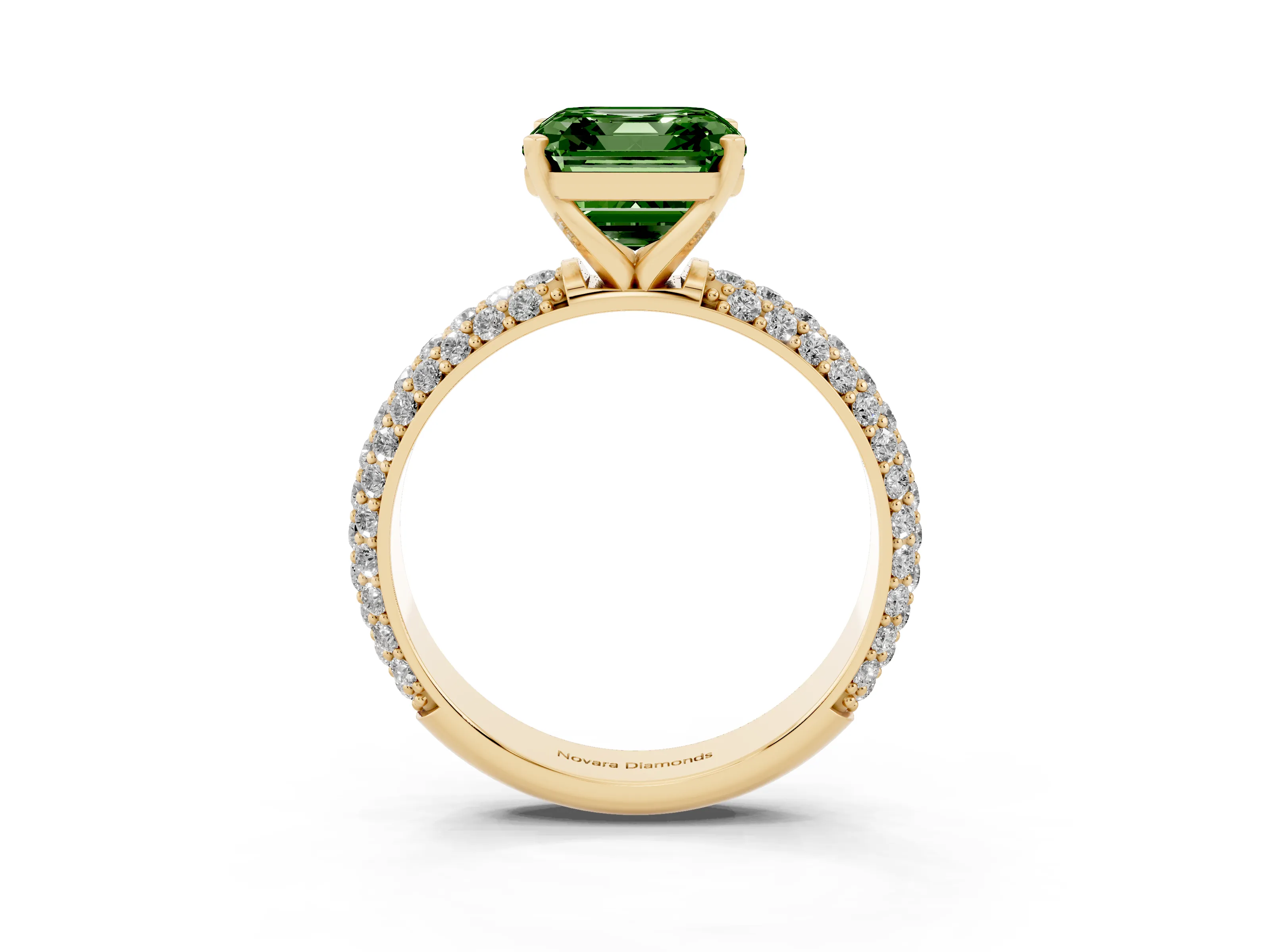 Fancy Green Asscher Cut Diamond Solitaire Ring Set in Yellow gold with Prong Setting and Pavé-Set Band