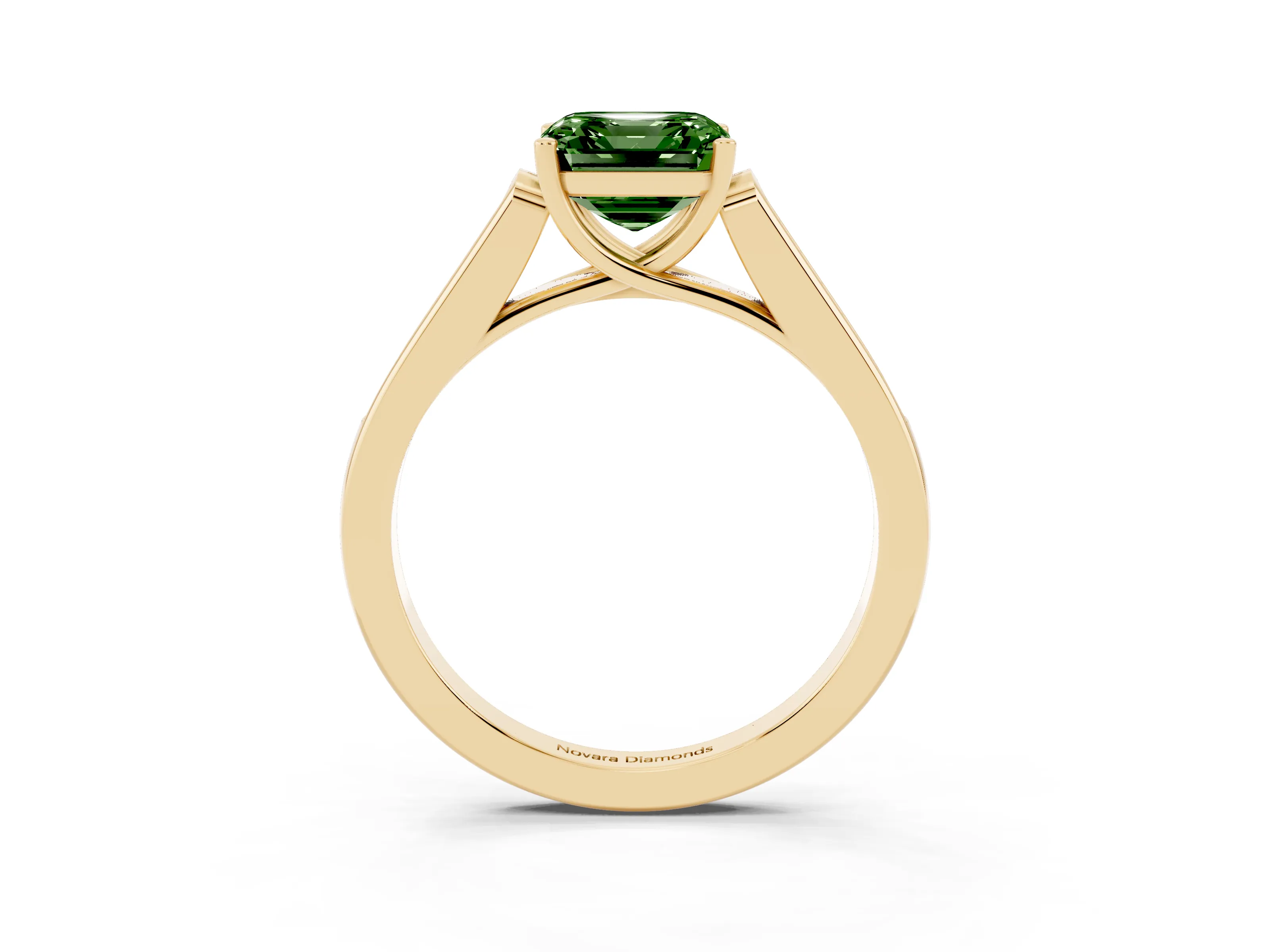 Fancy Green Asscher Cut Diamond Solitaire Cathedral Engagement Ring Set in Yellow gold with Channel-Set Band and Prong Setting