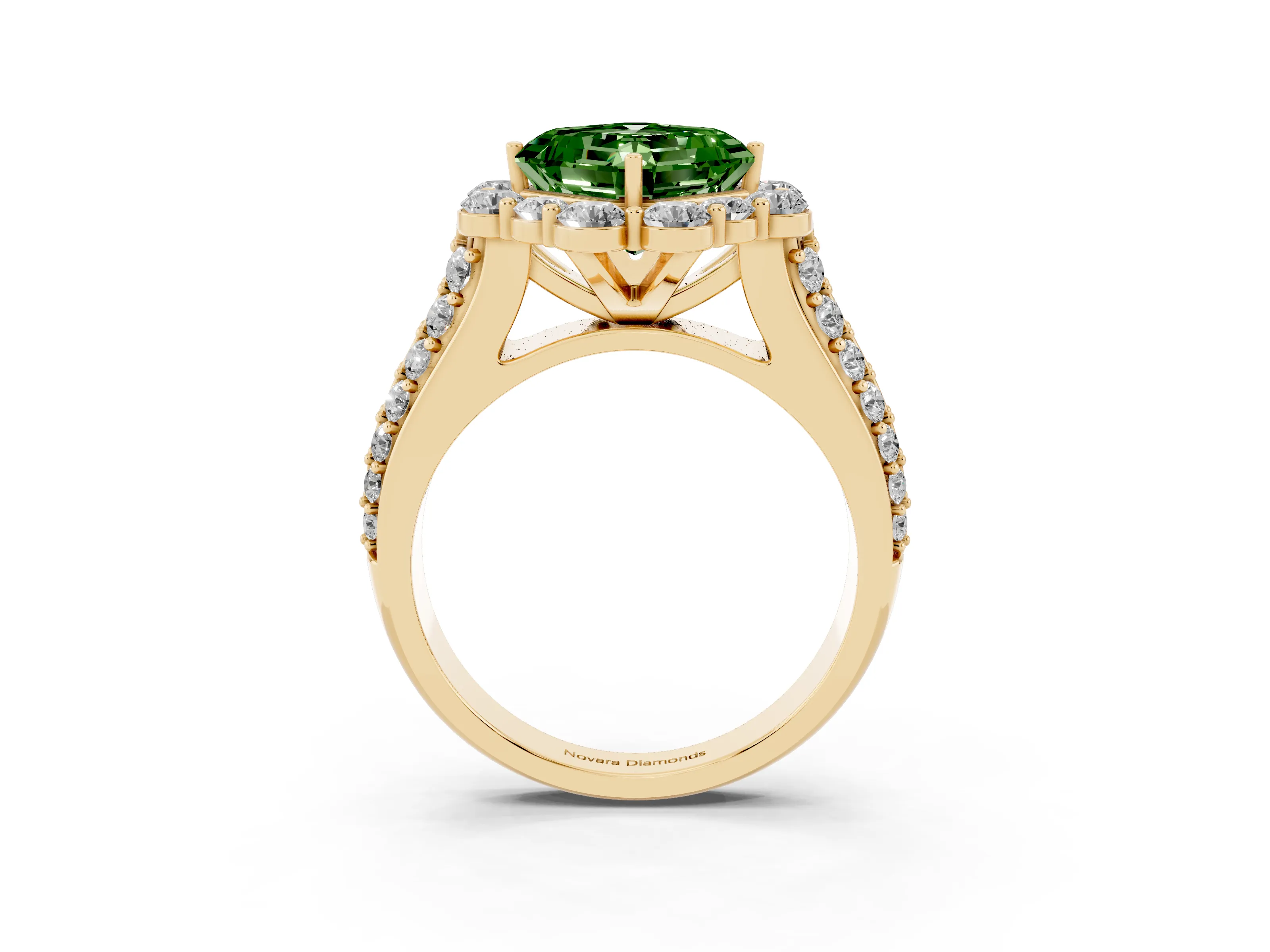 Fancy Green Asscher Cut Diamond Halo Engagement Ring Set in Yellow gold with Split Shank and Prong Setting