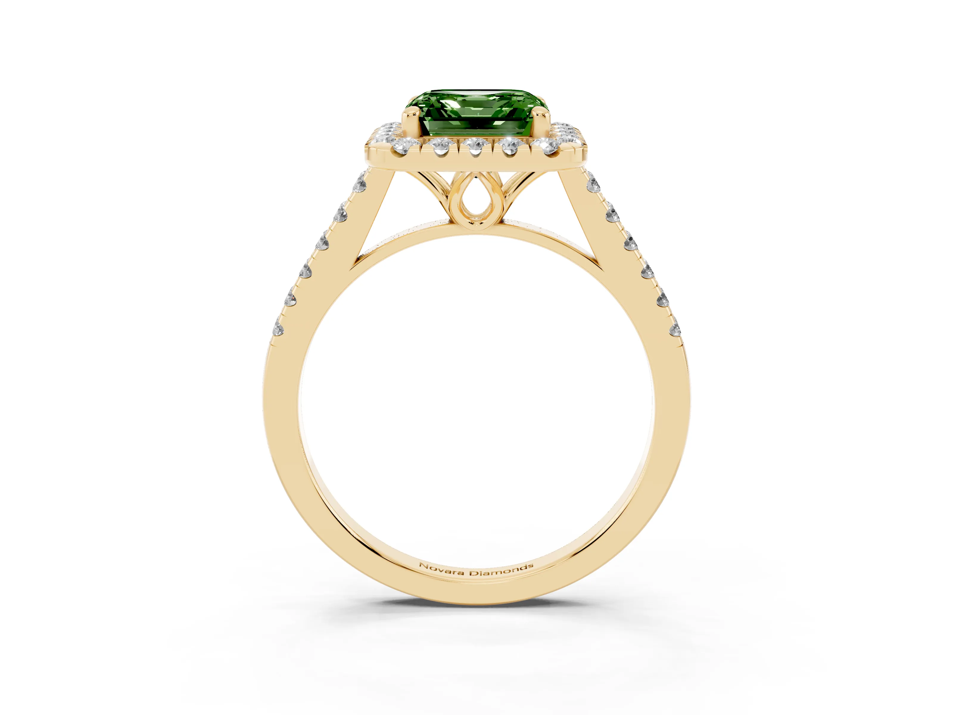 Fancy Green Asscher Cut Diamond Pavé Halo Engagement Ring Set in Yellow gold with Pavé Band and Prong Setting