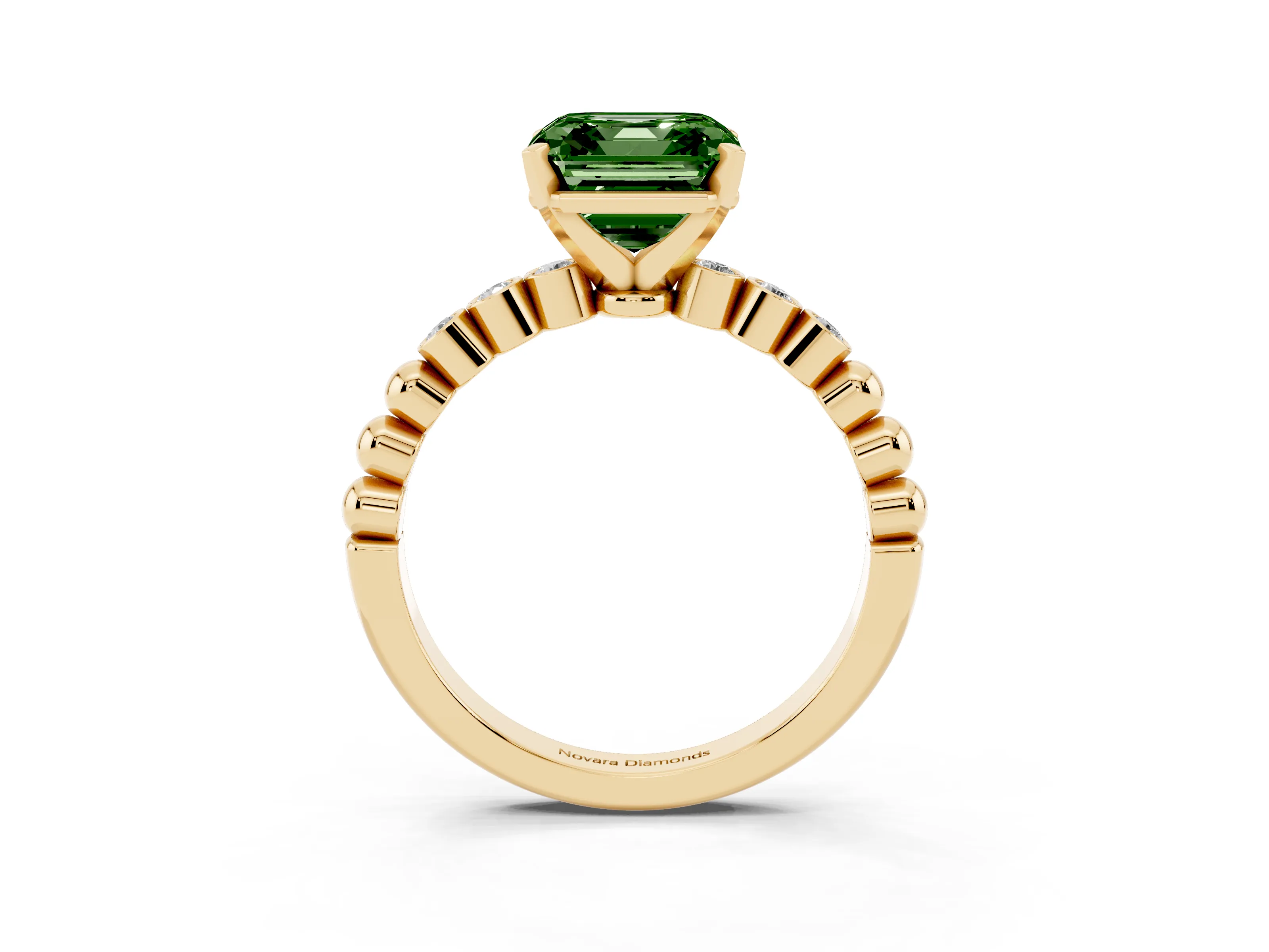Fancy Green Asscher Cut Diamond Solitaire Engagement Ring Set in Yellow gold with Bezel Accents on Beaded Band