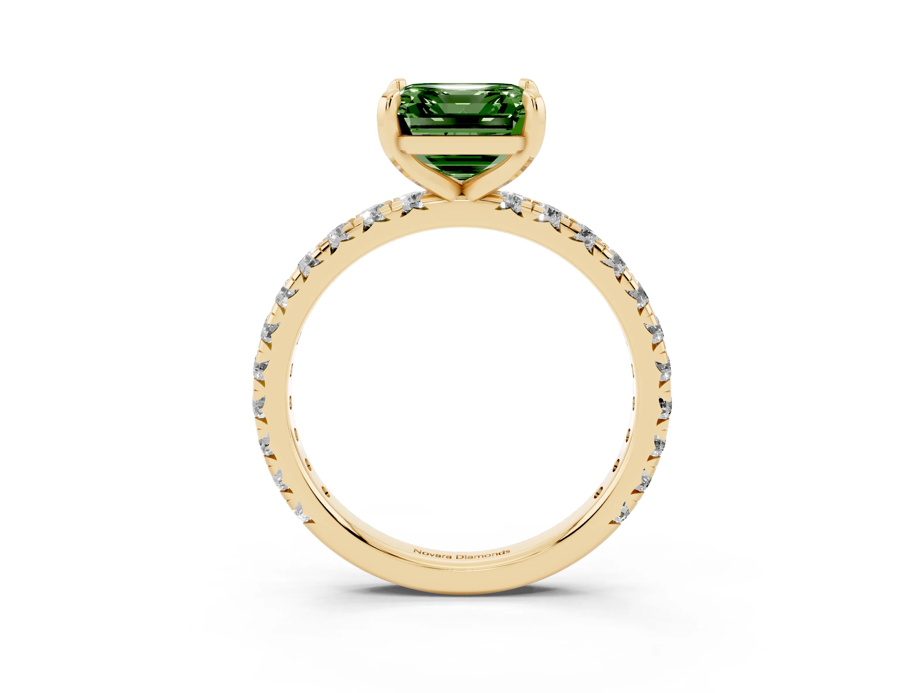Fancy Green Asscher Cut Diamond Pavé Solitaire Ring Set in Yellow gold with Round Band and Prong Setting