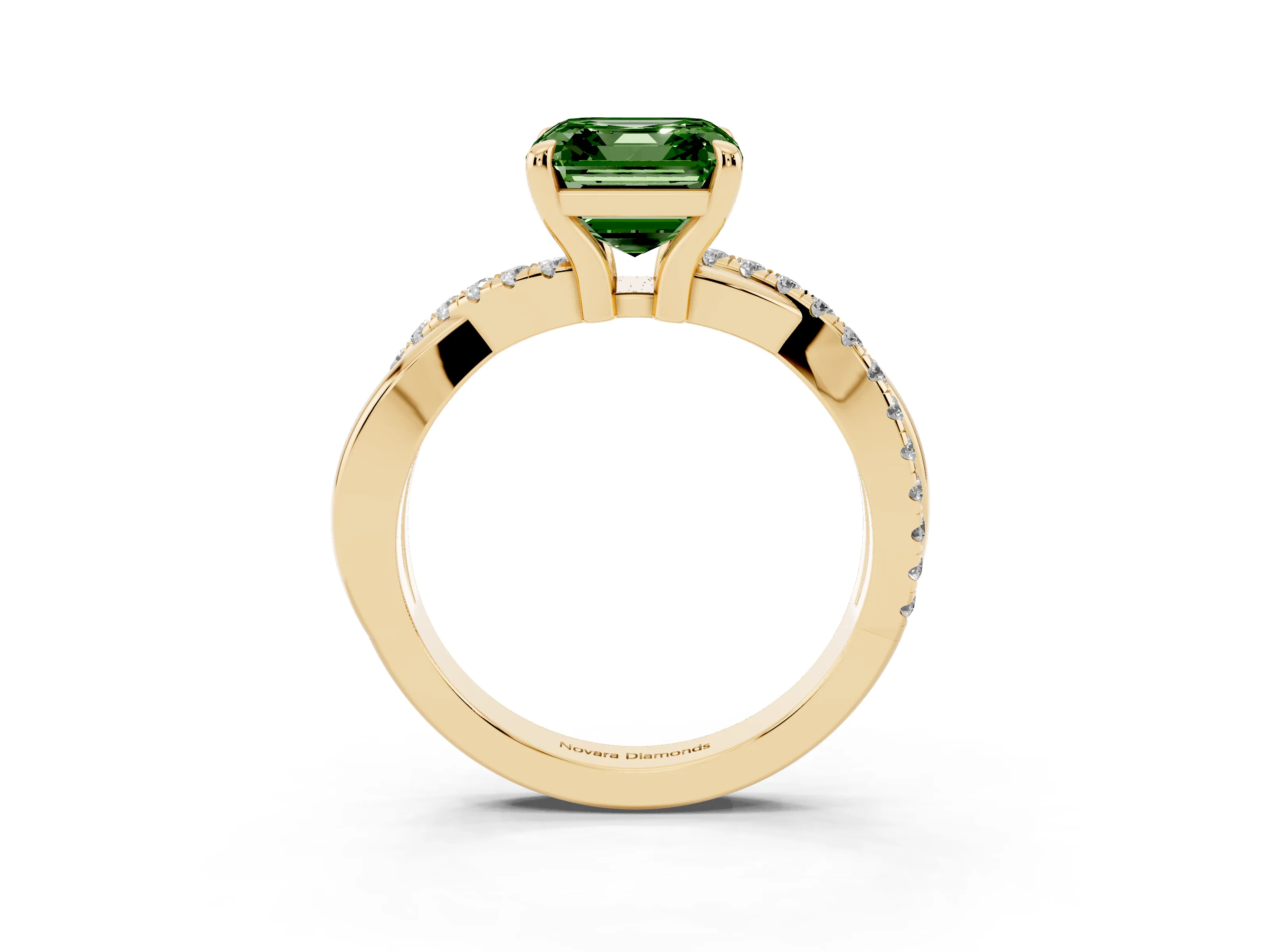 Fancy Green Asscher Cut Diamond Twist Band Pavé Solitaire Ring Set in Yellow gold with Prong Setting
