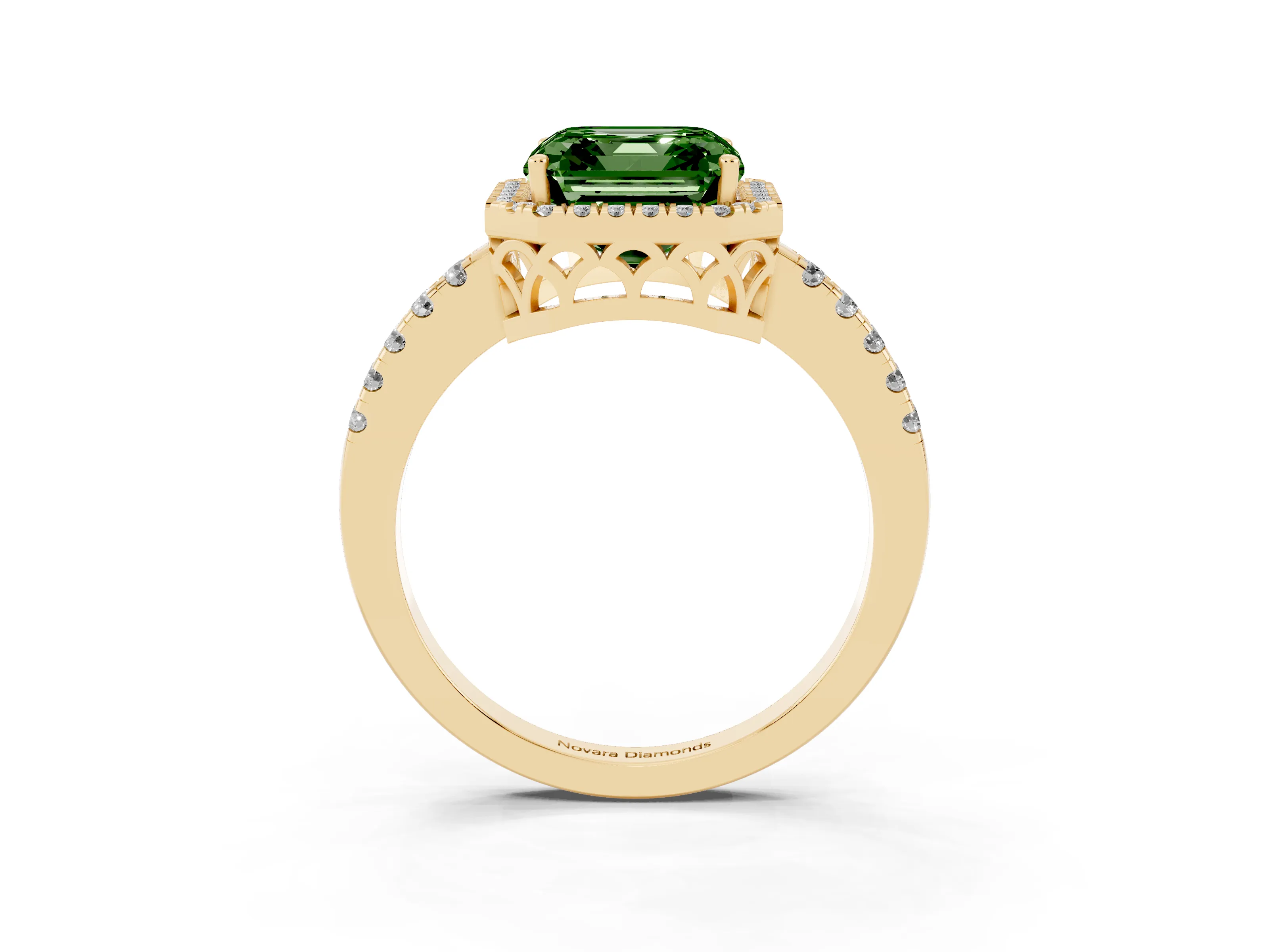 Fancy Green Asscher Cut Diamond Pavé Band Halo Engagement Ring Set in Yellow gold with Prong Setting