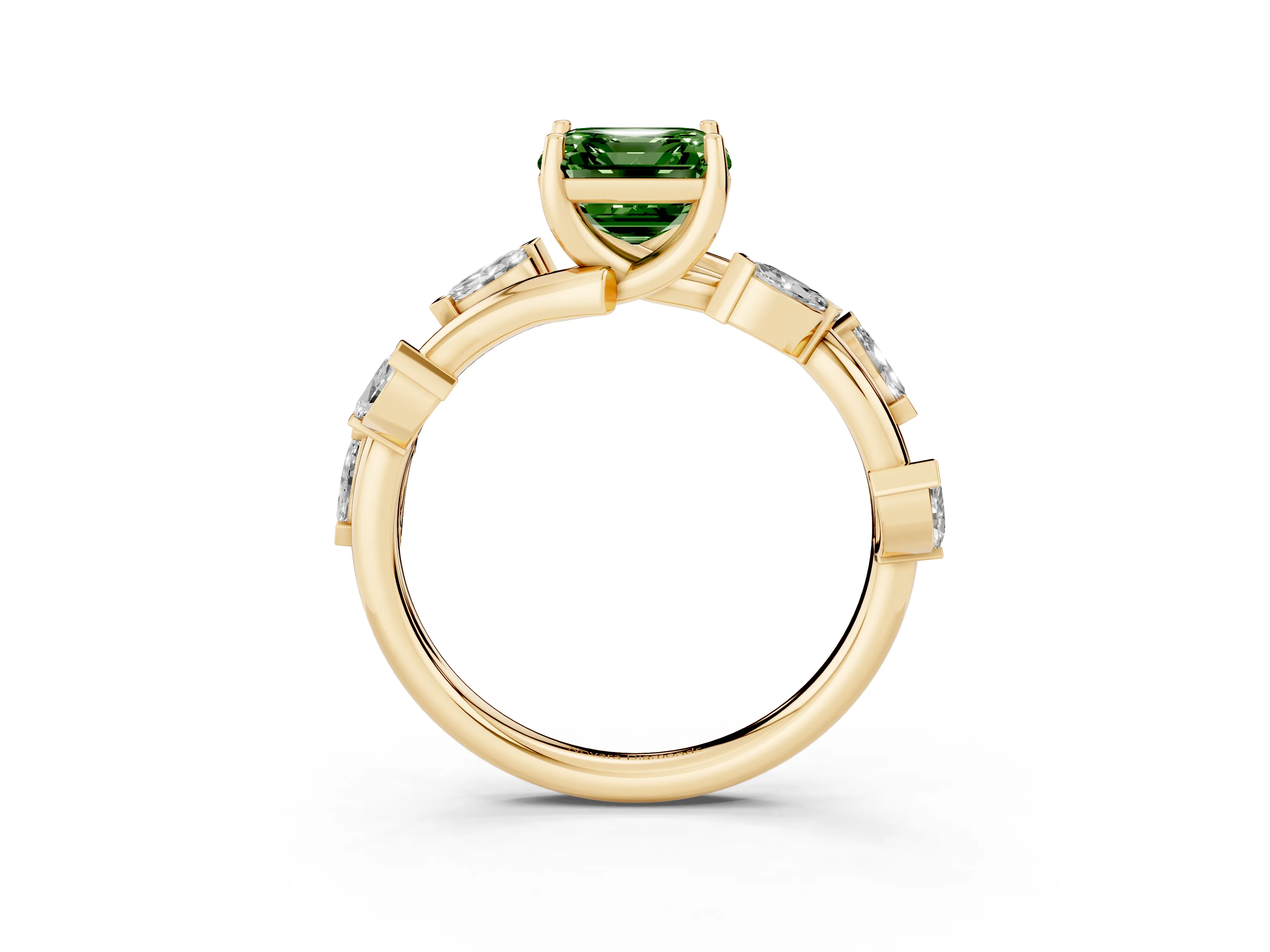Fancy Green Asscher Cut Diamond Solitaire Ring Set in Yellow gold with Twisted Marquise Accent Band