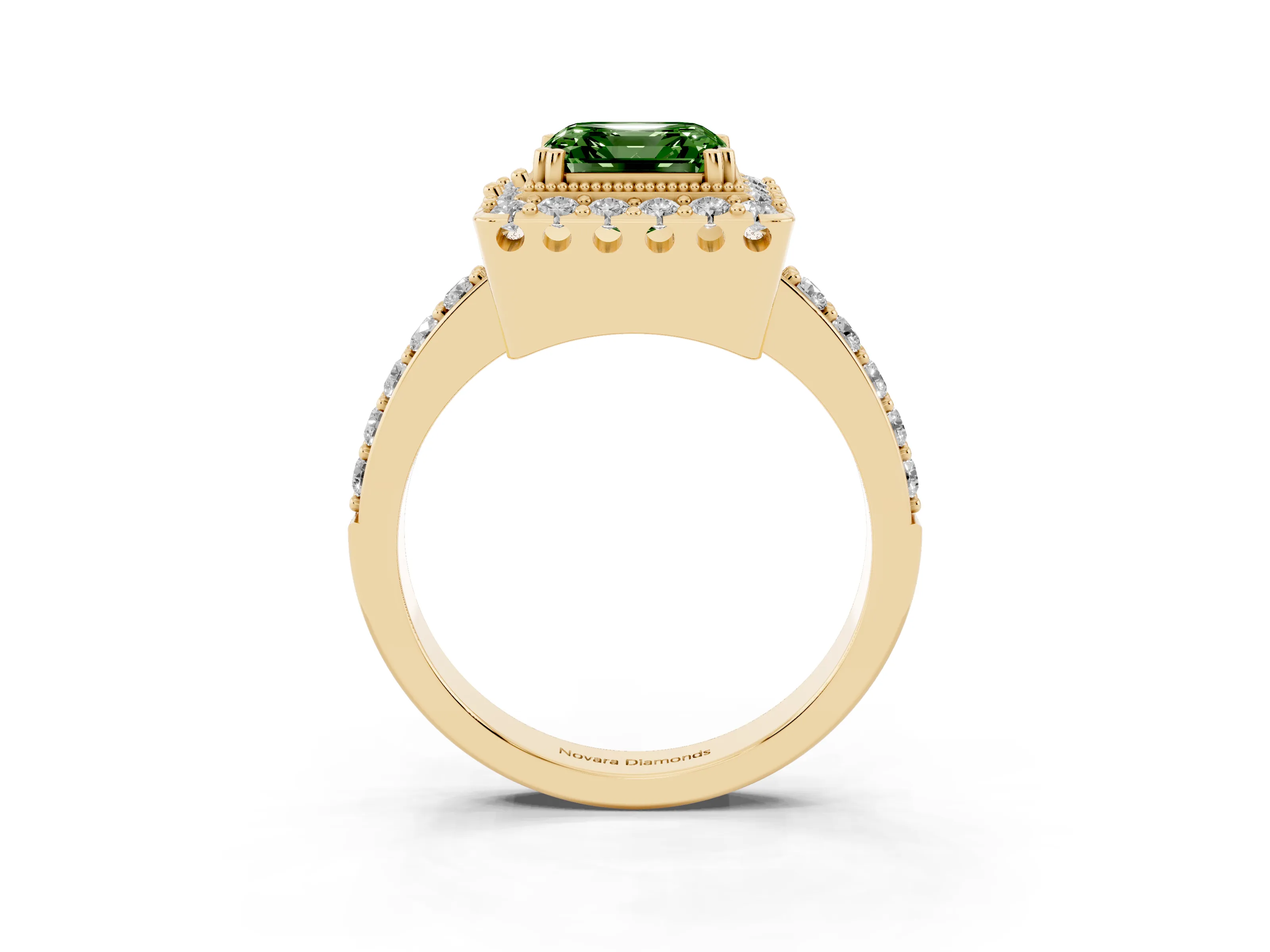 Fancy Green Asscher Cut Diamond Halo Ring Set in Yellow gold with Pavé Shank and Prong Setting