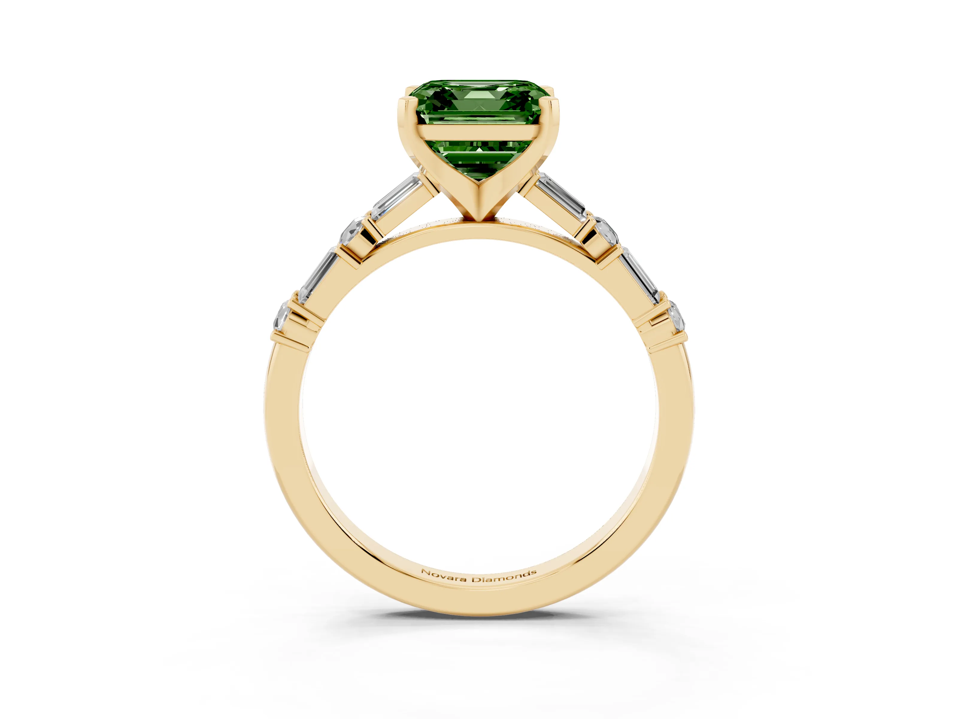 Fancy Green Asscher Cut Diamond Solitaire Set in Yellow gold with Side Baguettes and Channel Set Band