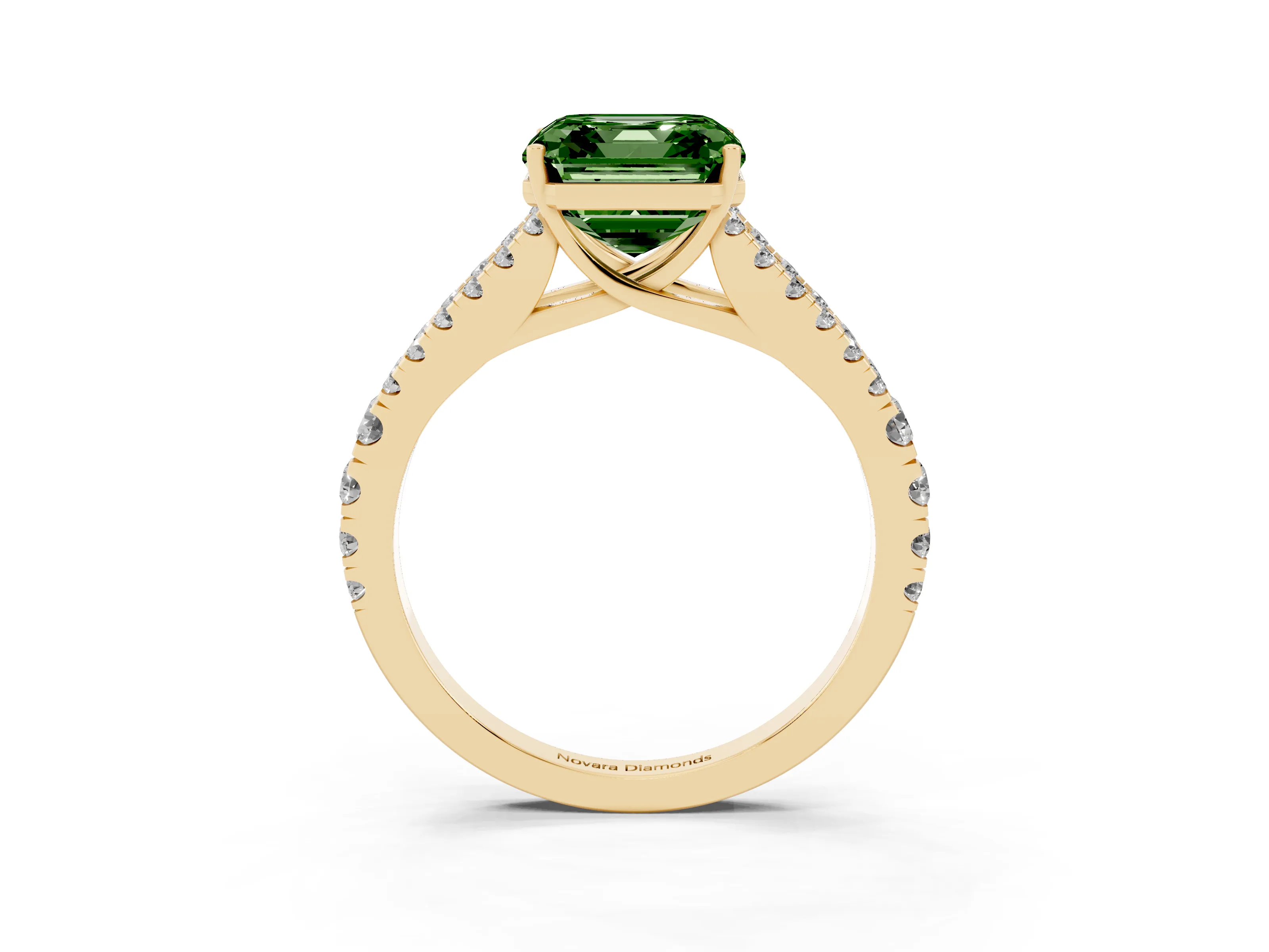 Fancy Green Asscher Cut Diamond Split Shank Engagement Ring Set in Yellow gold with Round Pavé and Prong Setting