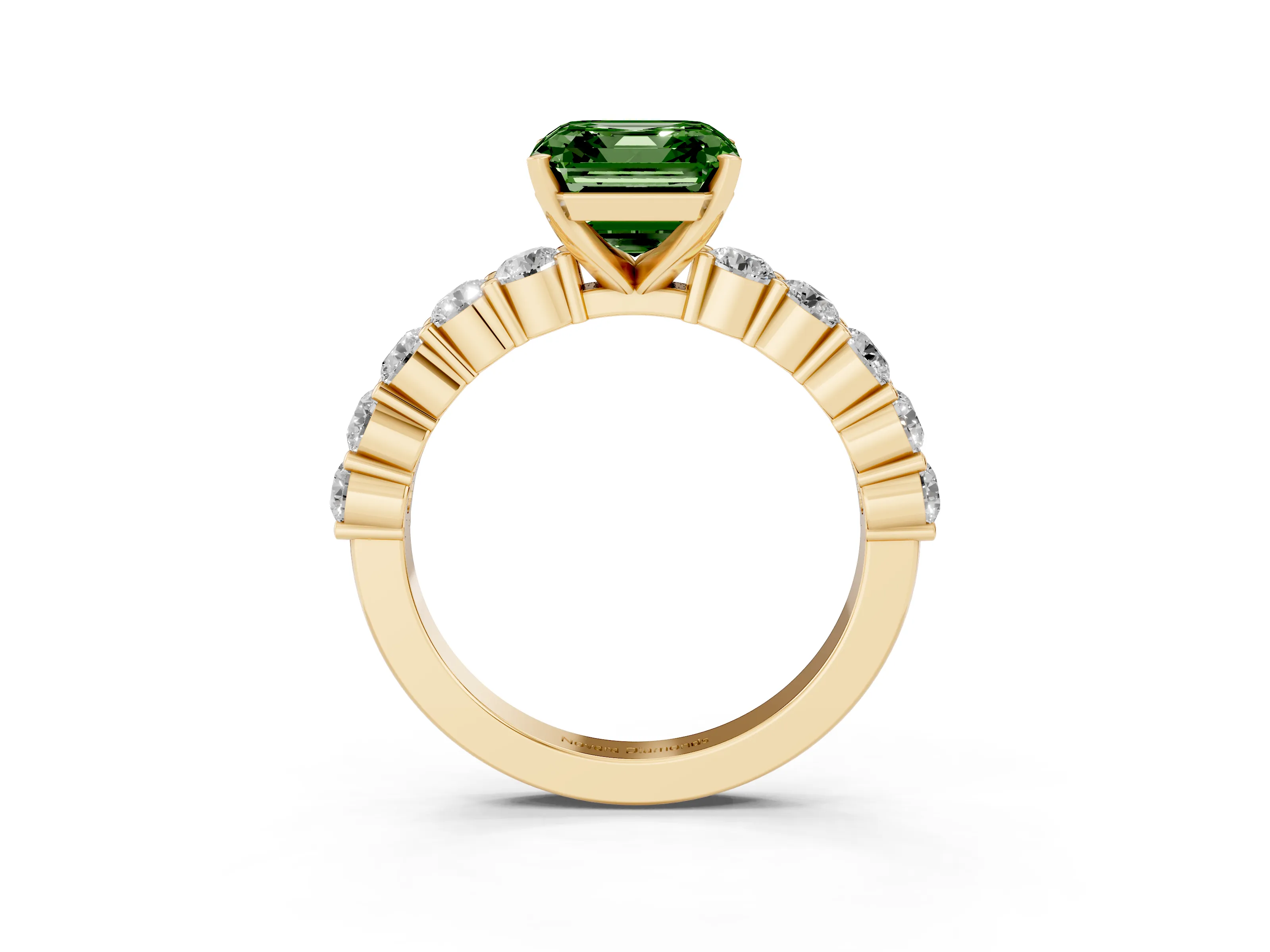 Fancy Green Asscher Cut Diamond Solitaire Ring Set in Yellow gold with Shared Prong Round Side Stones