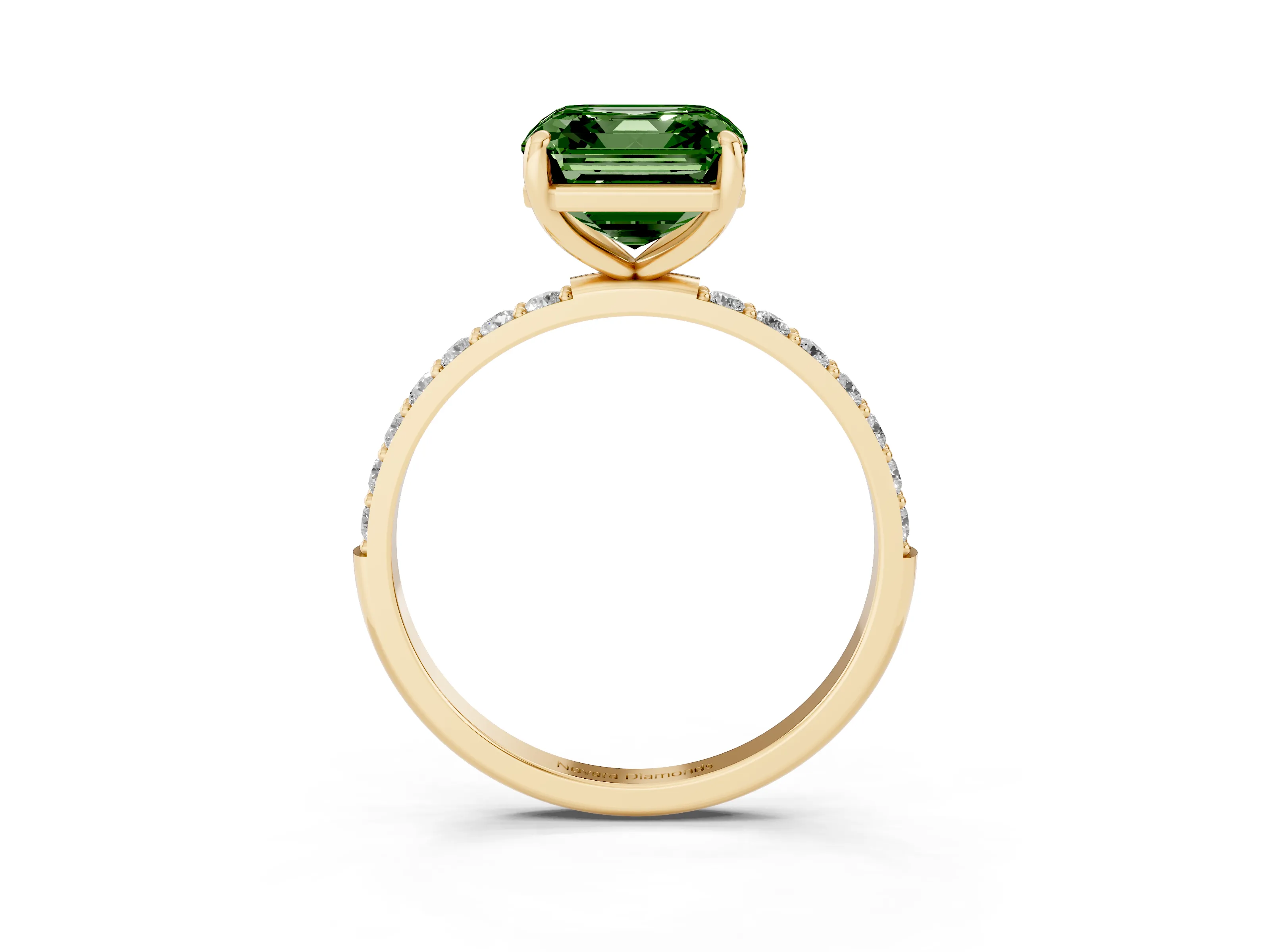 Fancy Green Asscher Cut Diamond Solitaire Ring Set in Yellow gold with Round Pavé Band and Prong Setting
