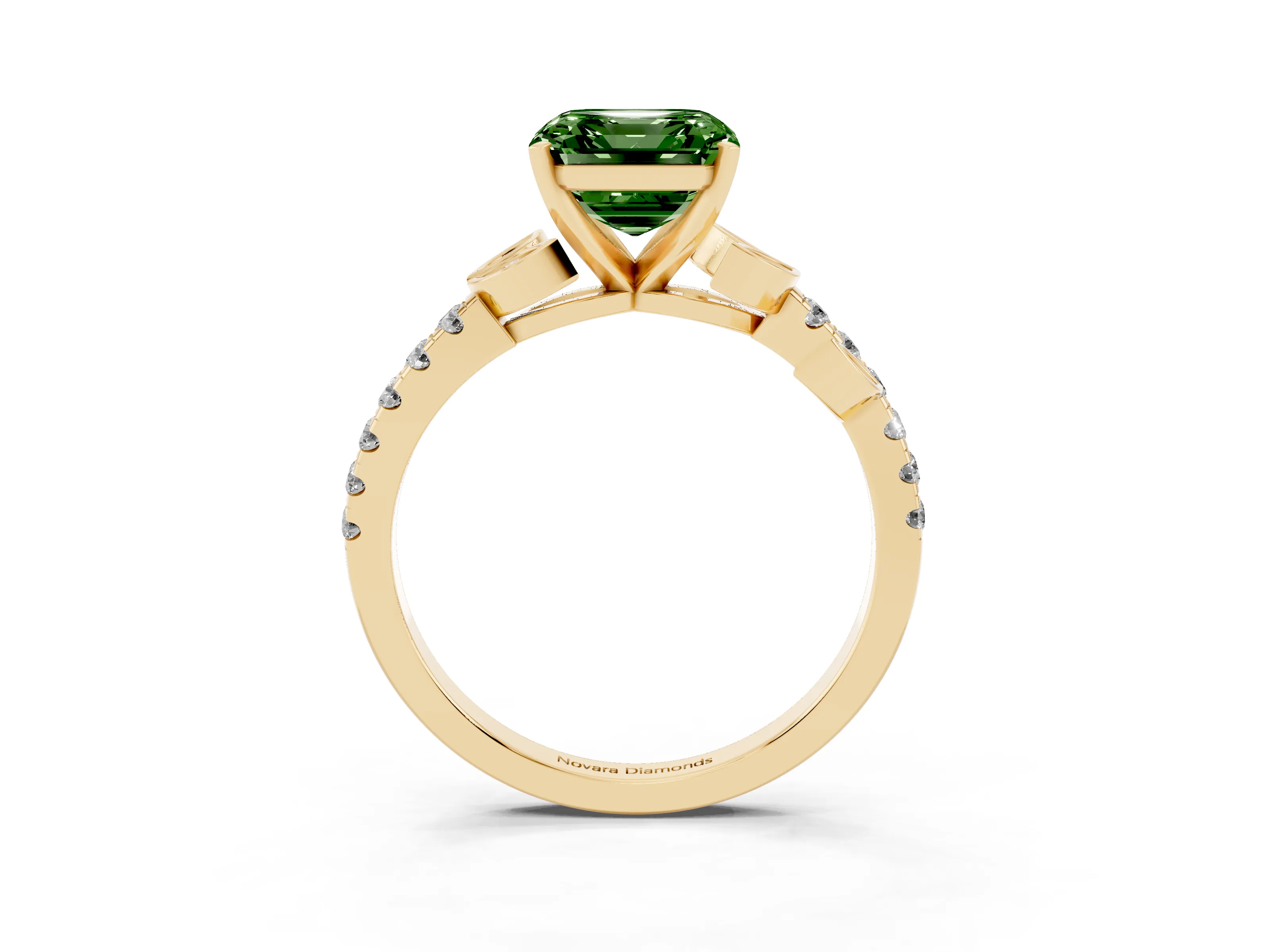 Fancy Green Asscher Cut Diamond Solitaire Leaf-Inspired Ring Set in Yellow gold with Pavé Band and Prong Setting