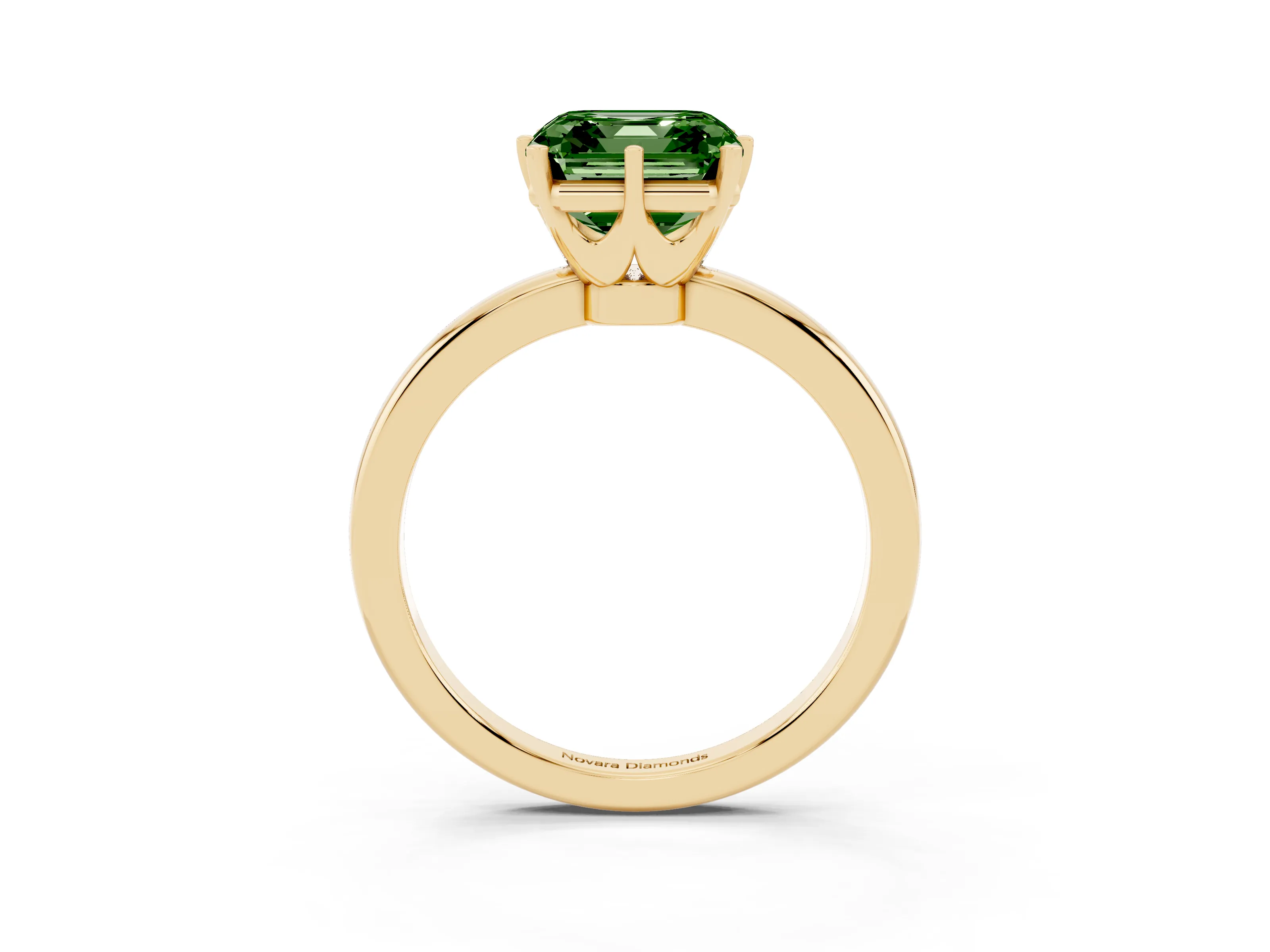 Fancy Green Asscher Cut Diamond Solitaire Ring Set in Yellow gold with Raised Prong Setting on a Classic Band