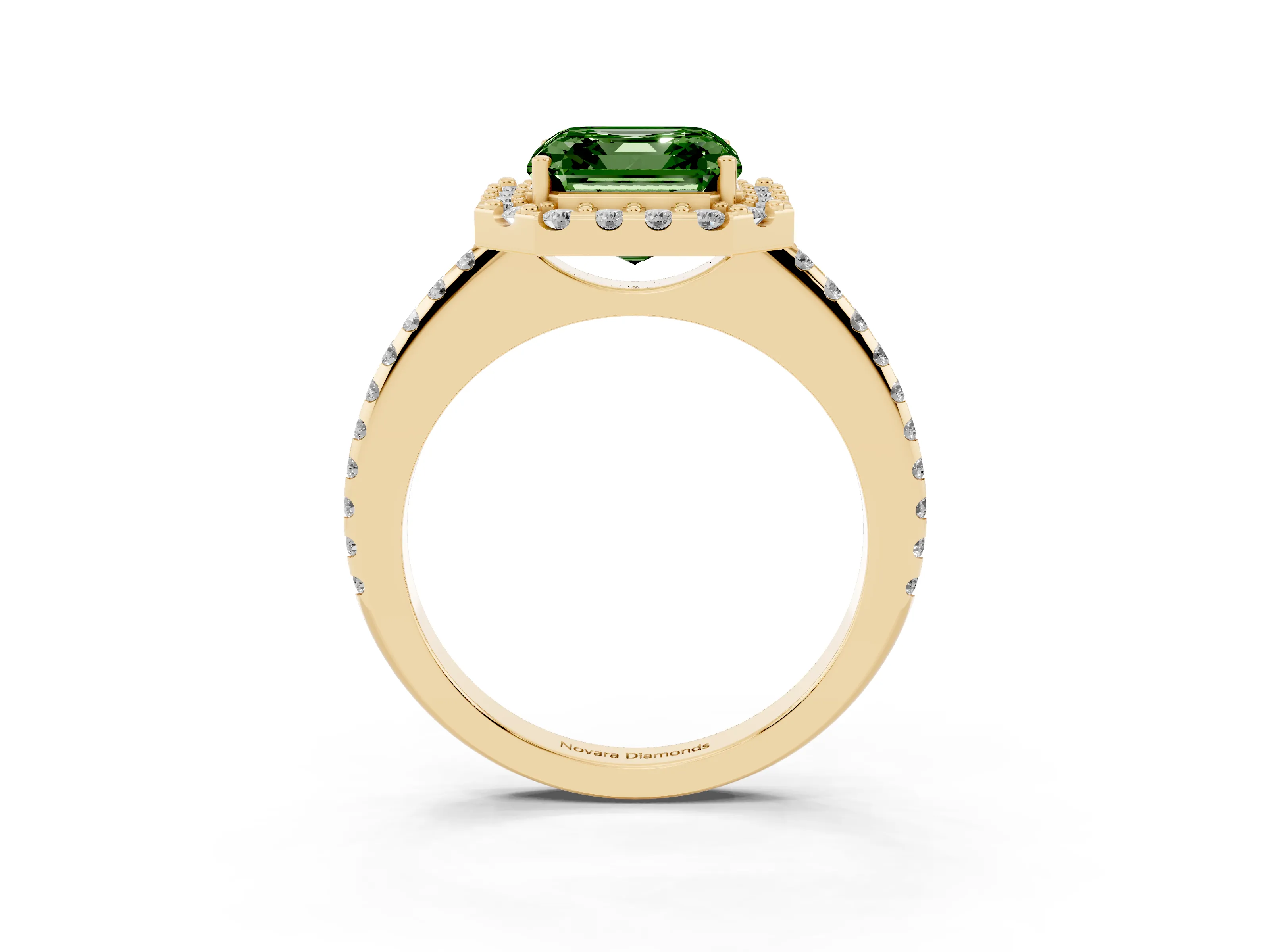 Fancy Green Asscher Cut Diamond Pavé Halo Ring Set in Yellow gold with Prong Setting