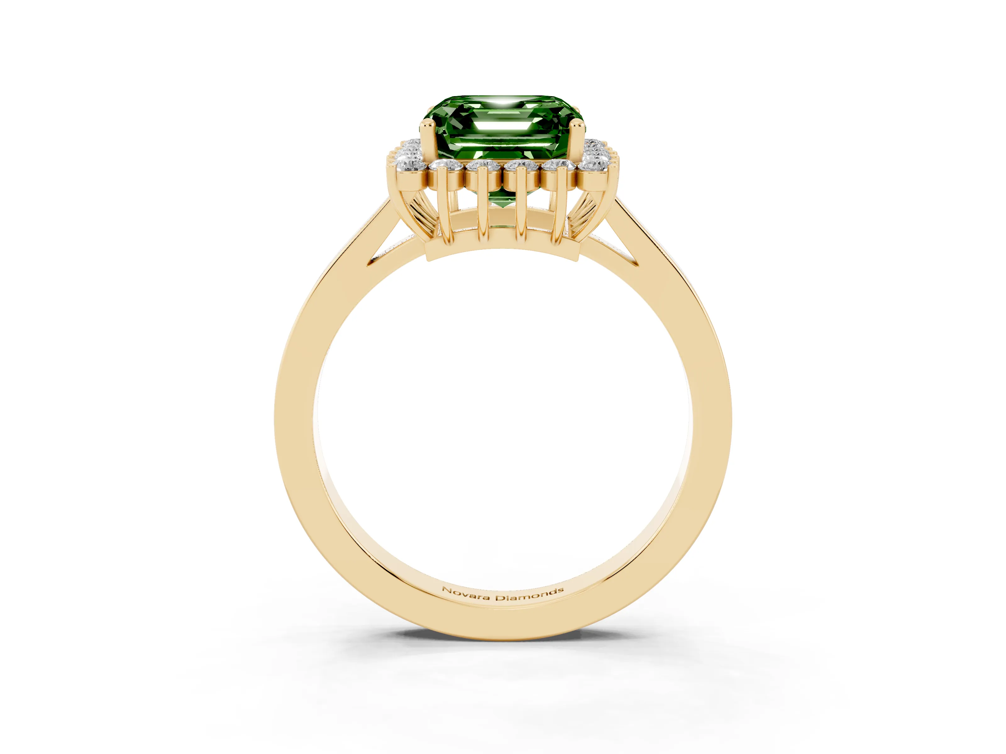 Fancy Green Asscher Cut Diamond Halo Ring Set in Yellow gold with Round Halo and Smooth Solitaire Band