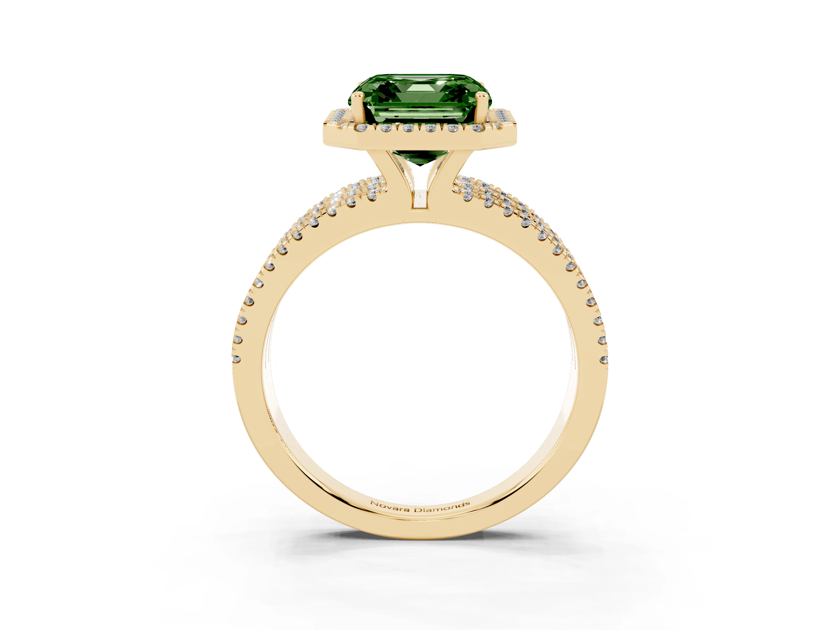 Fancy Green Asscher Cut Diamond Halo Split Shank Engagement Ring Set in Yellow gold with Prong Setting