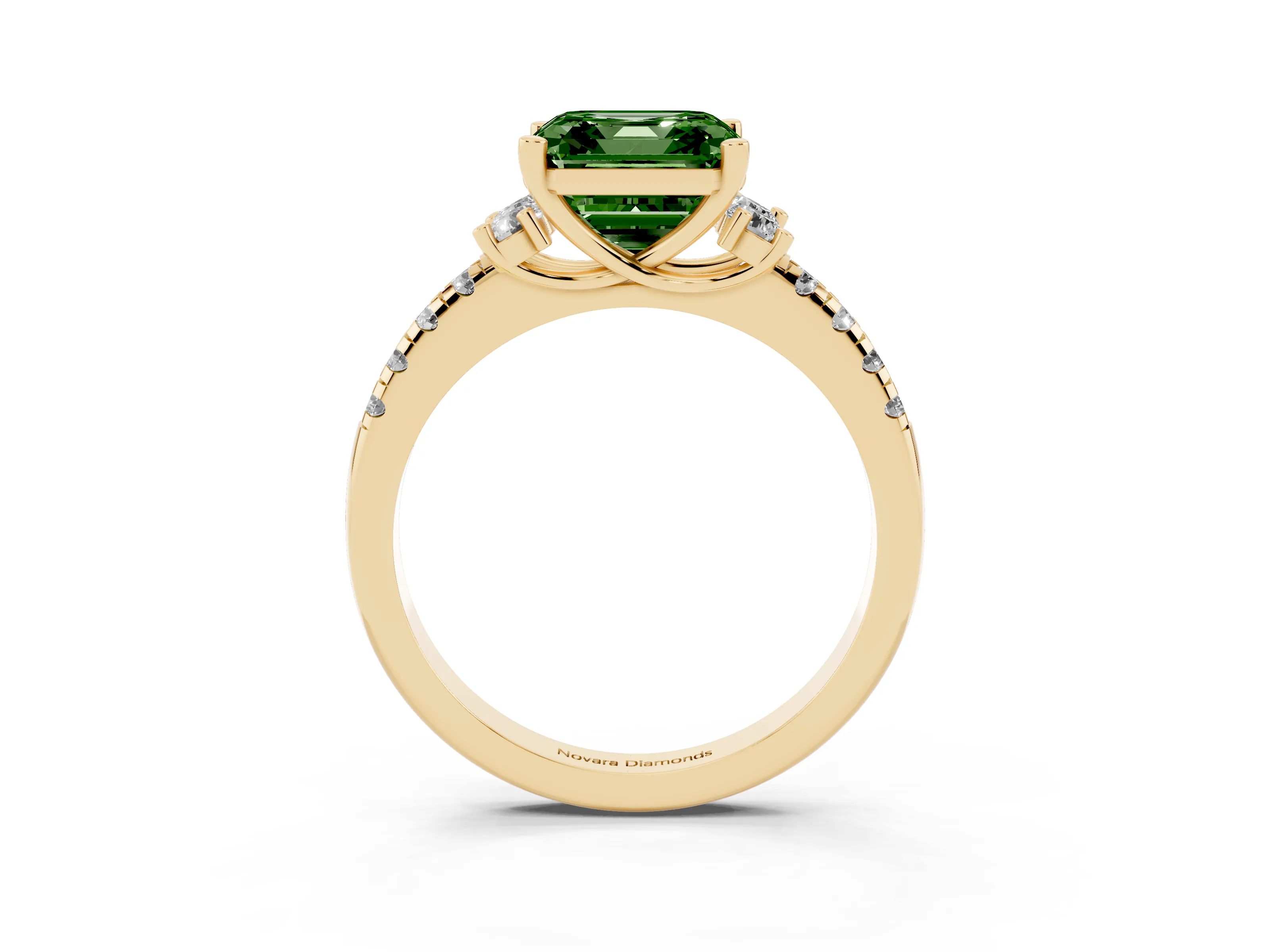 Fancy Green Asscher Cut Diamond Three-Stone Pavé Ring Set in Yellow gold with Prong Setting