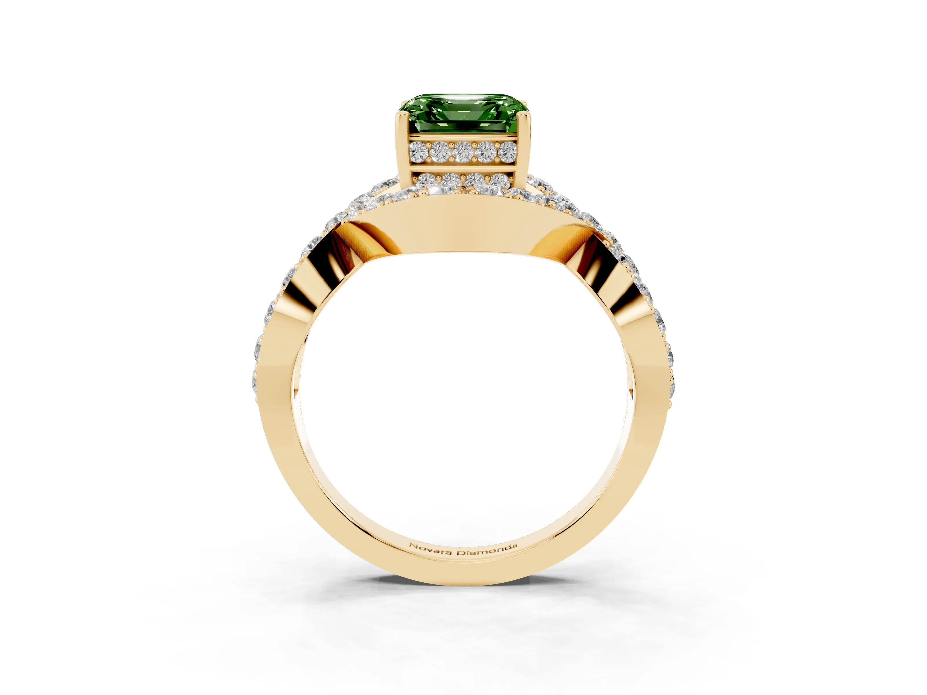 Fancy Green Asscher Cut Diamond Solitaire Twist Band Pavé Engagement Ring Set in Yellow gold