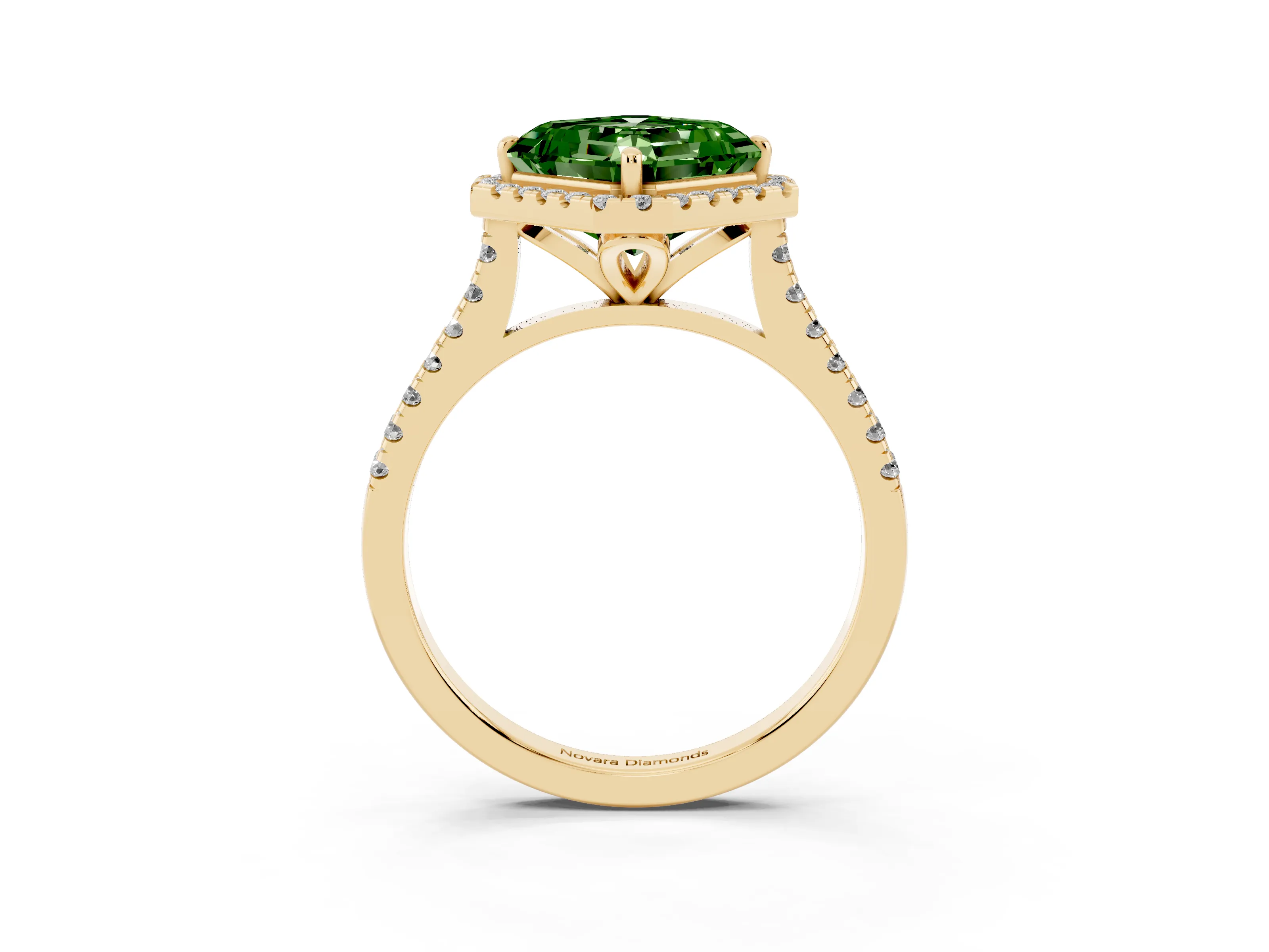 Fancy Green Asscher Cut Diamond Cushion Halo Ring Set in Yellow gold with Pavé Band