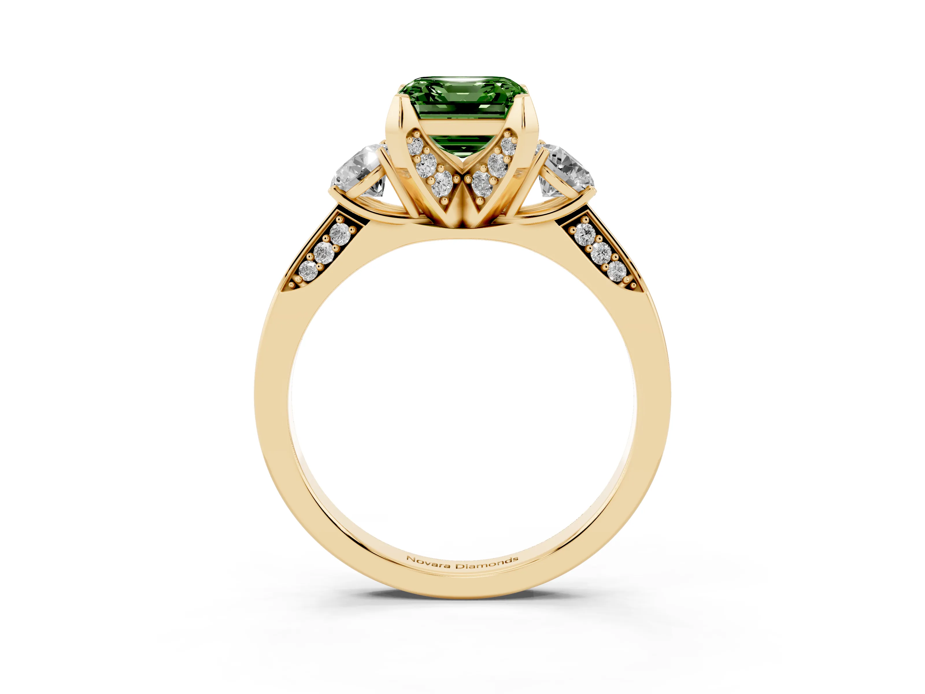 Fancy Green Asscher Cut Diamond Three-Stone Ring Set in Yellow gold with Pavé Band and Smaller Side Stones