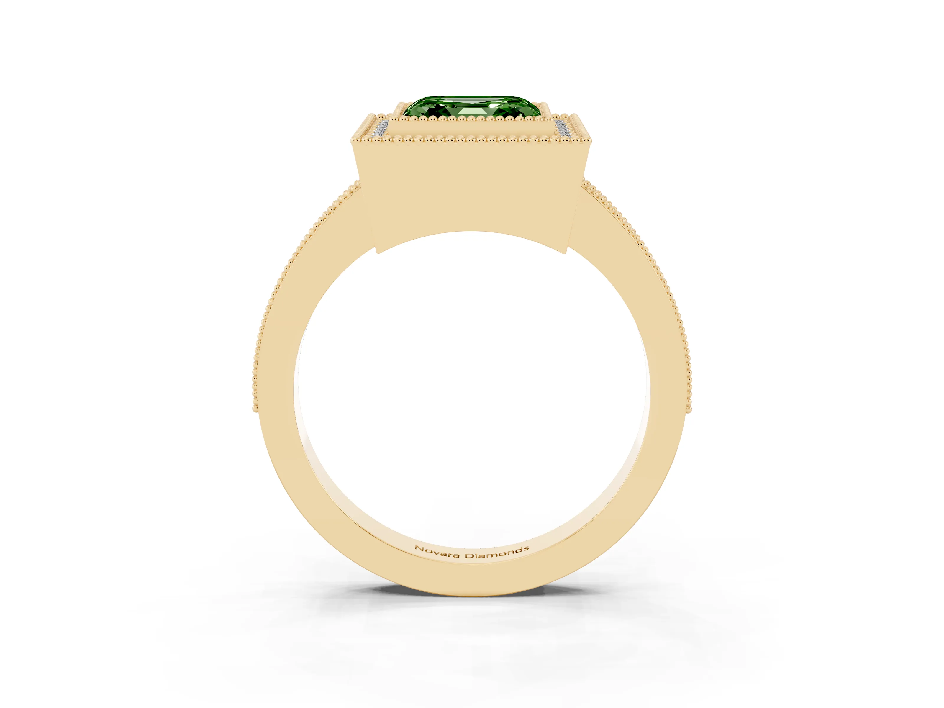 Fancy Green Asscher Cut Diamond Halo Engagement Ring Set in Yellow gold with Pavé Band and Round Halo Stones