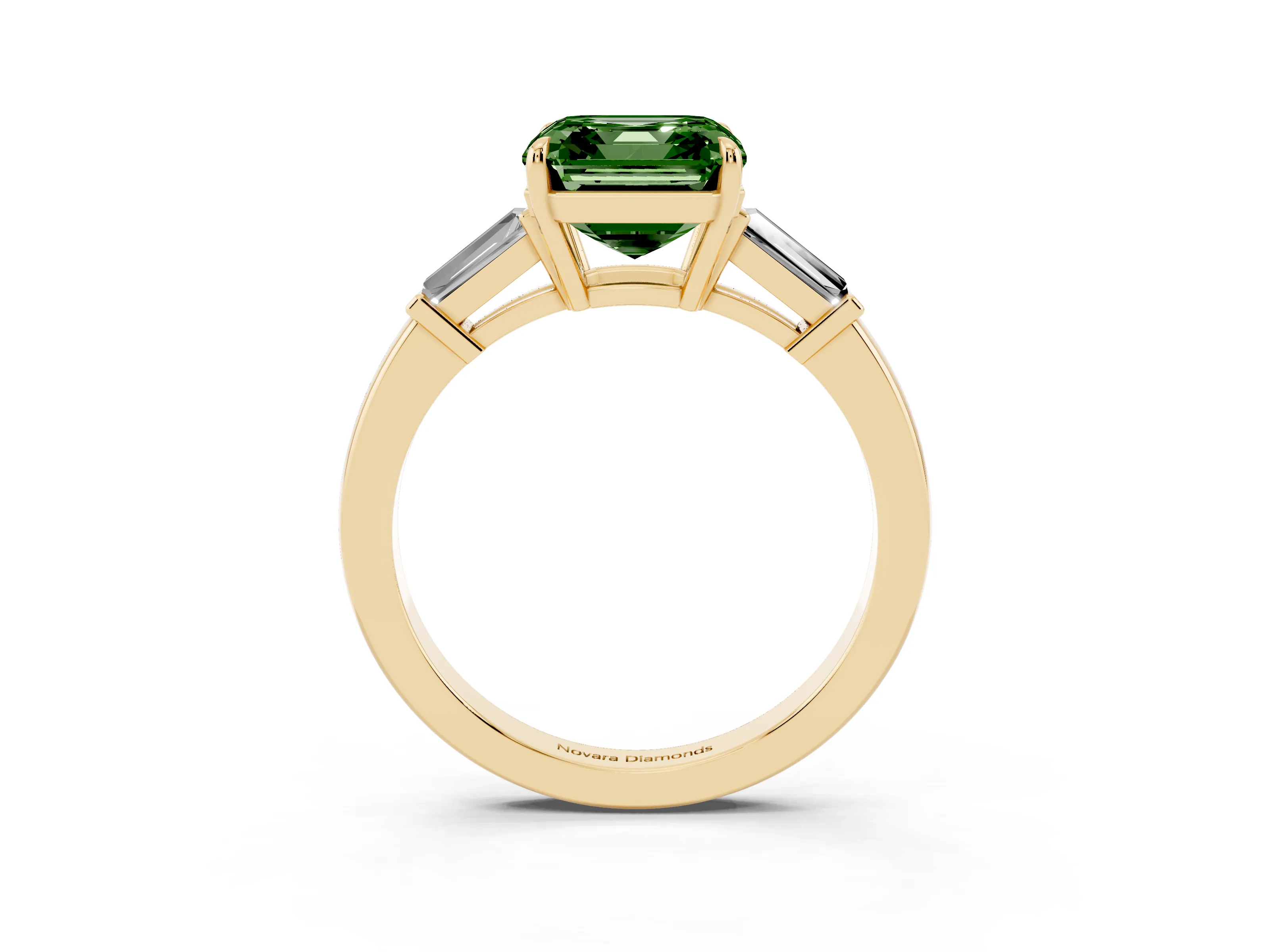 Fancy Green Asscher Cut Diamond Three-Stone Ring Set in Yellow gold with Tapered Baguette Side Stones and Prong Setting